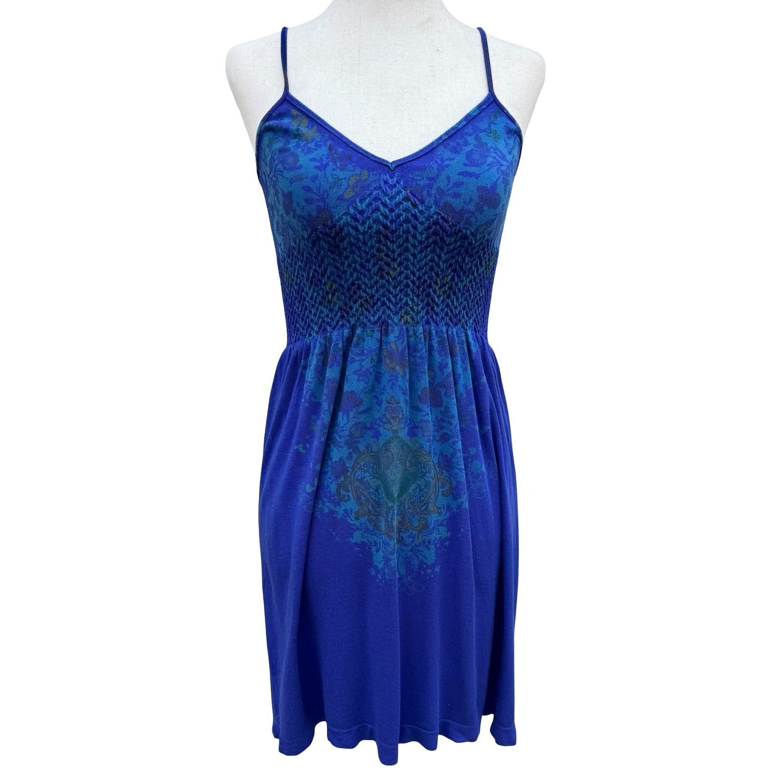 M Rena Blue Floral Damask Smocked Bodice Cami Mini Dress Indie Boho Festival