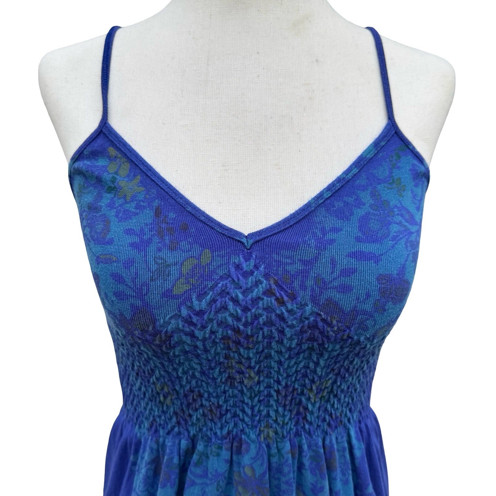 M Rena Blue Floral Damask Smocked Bodice Cami Mini Dress Indie Boho Festival