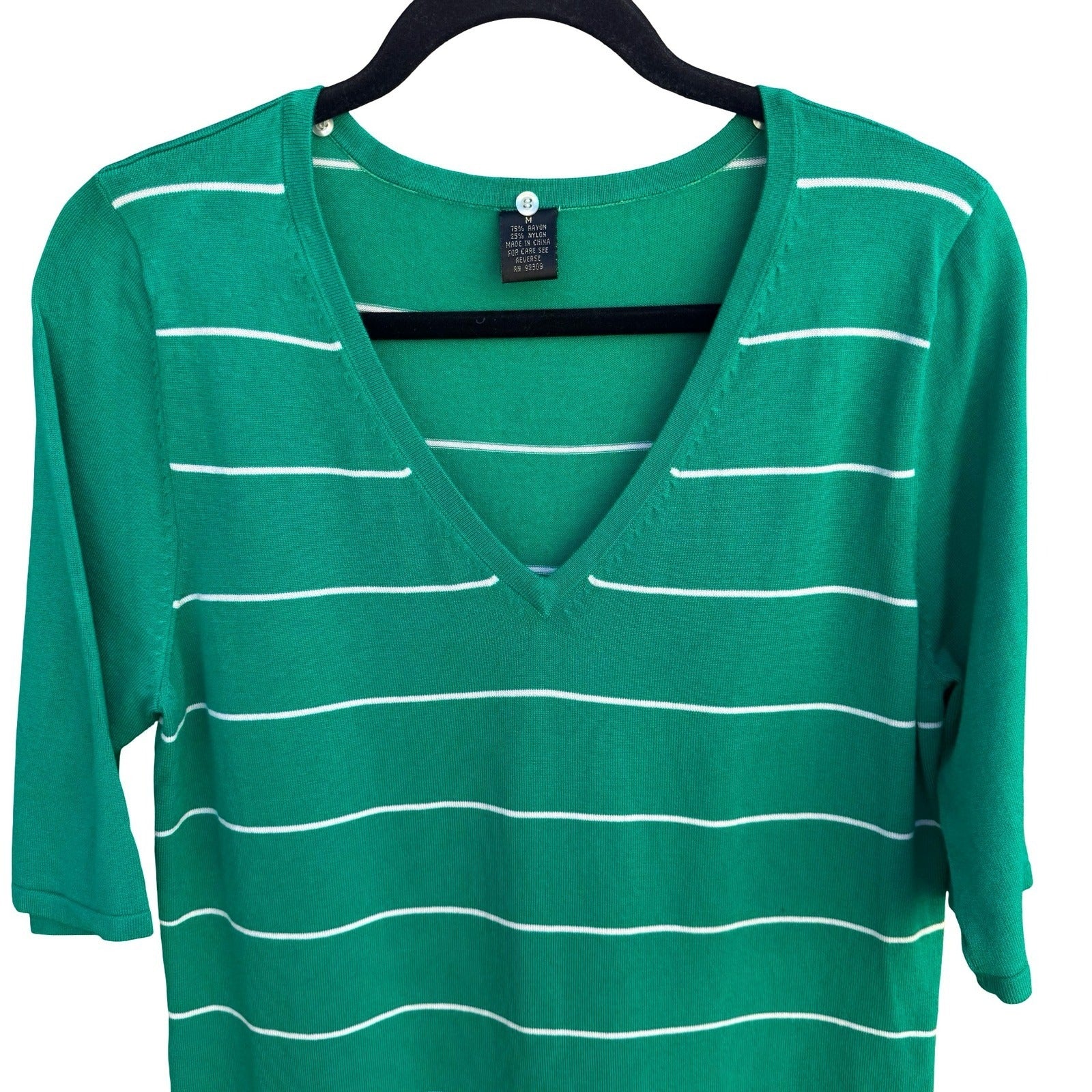 GMR Fashion Green White Striped V-Neck 3/4 Sleeve Knit Sweater Top Womens Medium