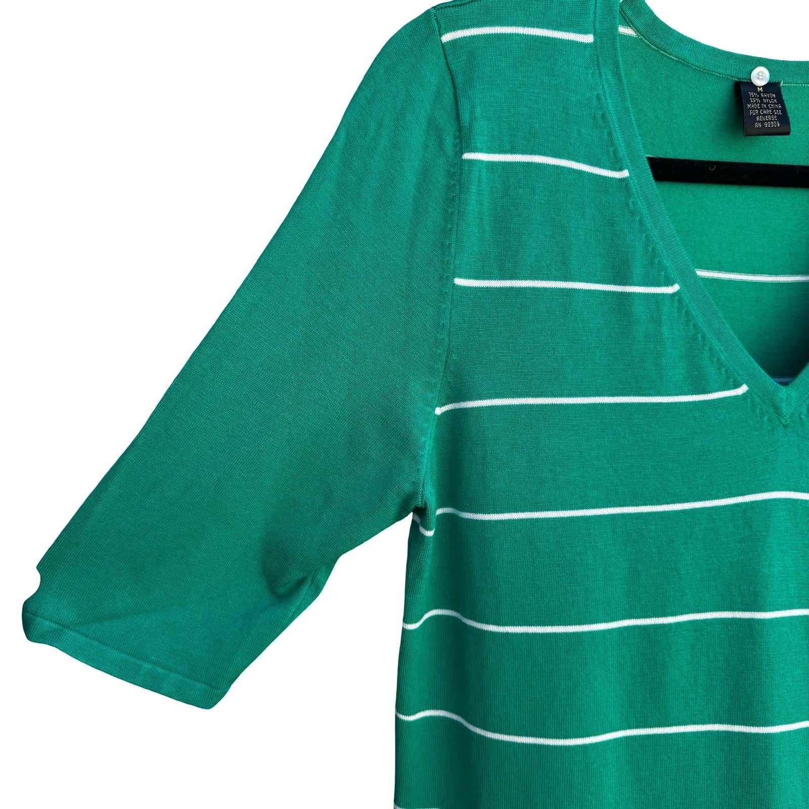 GMR Fashion Green White Striped V-Neck 3/4 Sleeve Knit Sweater Top Womens Medium