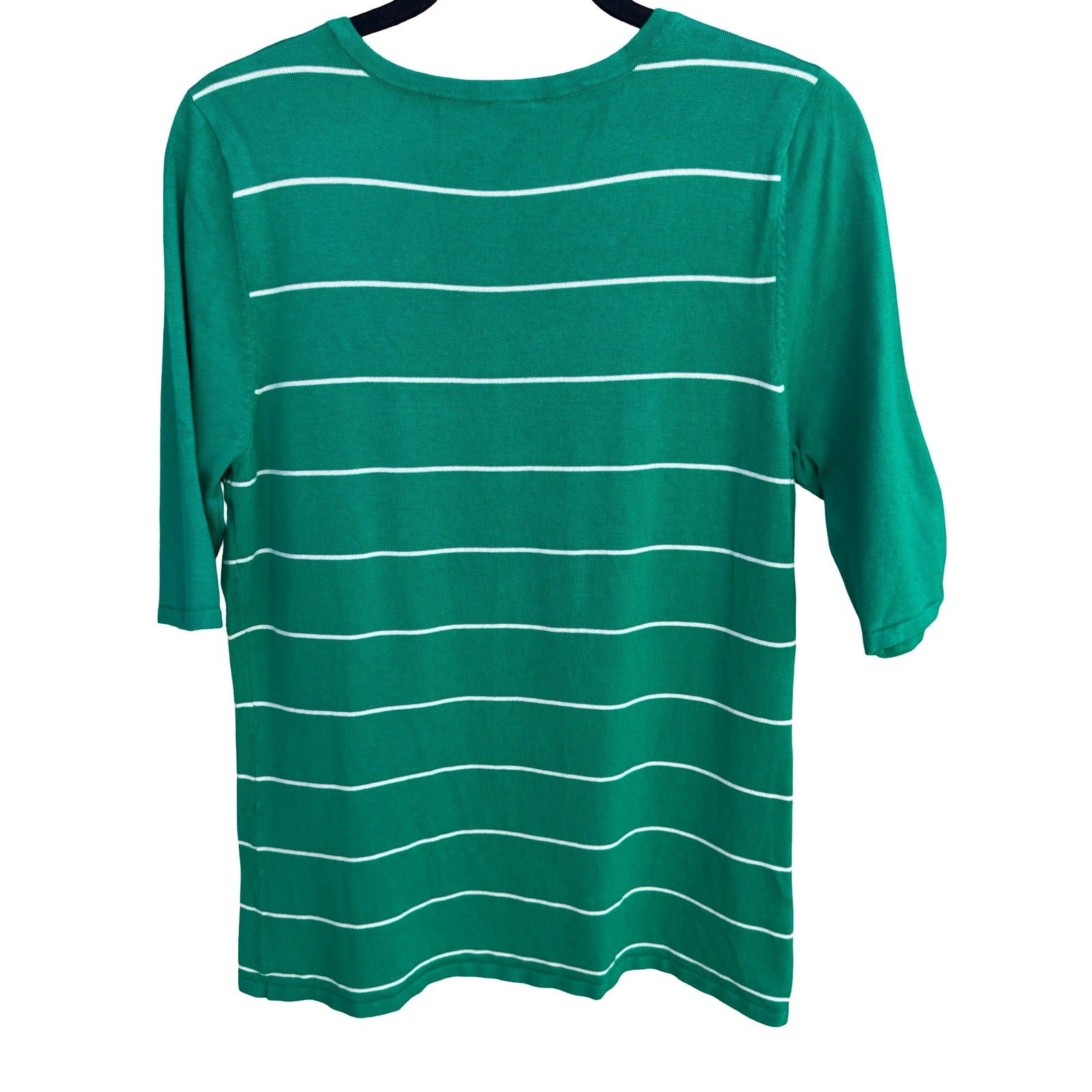 GMR Fashion Green White Striped V-Neck 3/4 Sleeve Knit Sweater Top Womens Medium