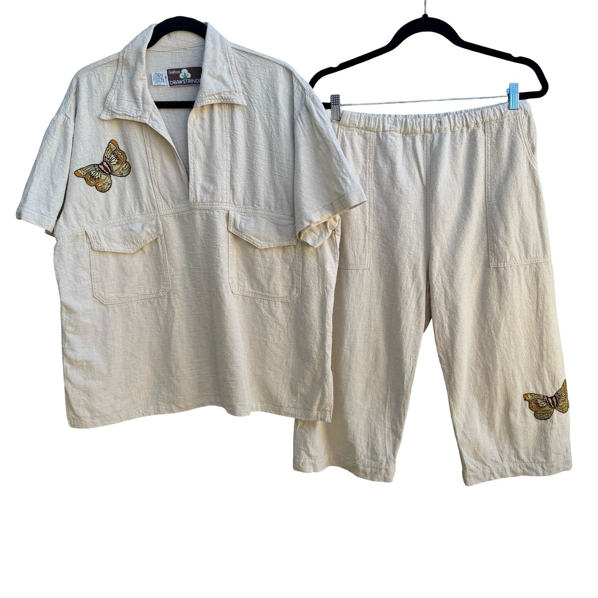 California Drawstrings Vintage 90s Boho Cotton Butterfly Embroidered Shirt Pants