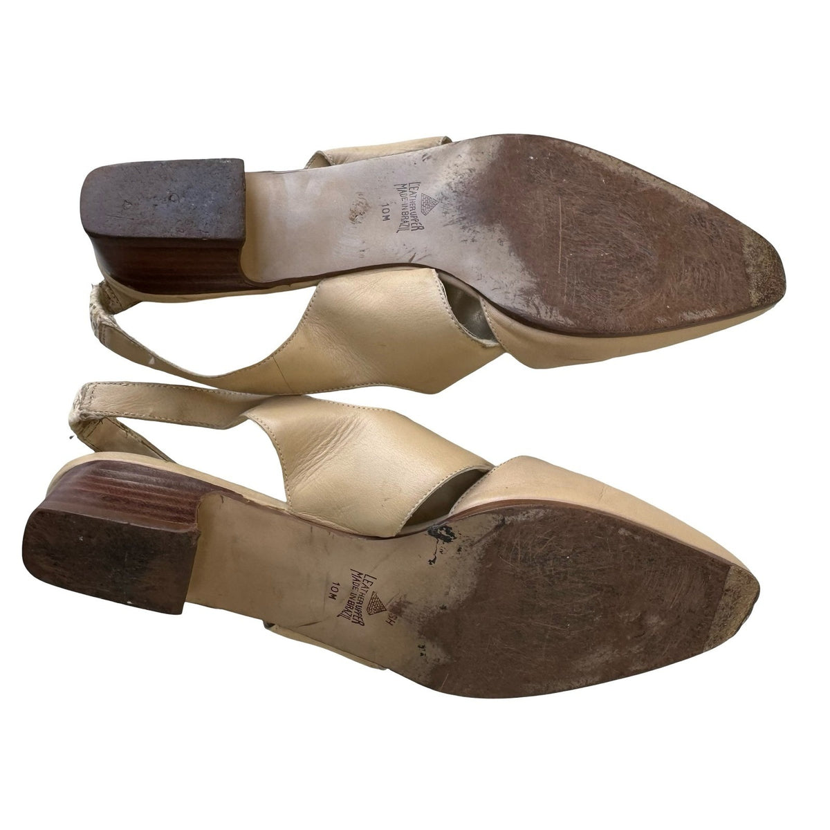 KIKIT Vintage 90s Leather Slingback Block Heel Pointed Toe Beige Womens 10M