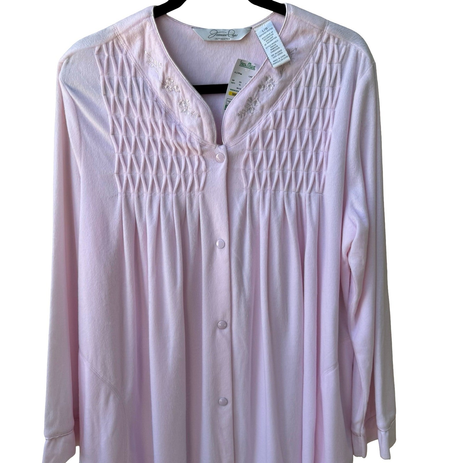 Jasmine Rose Coquette Grandmacore Pink Embroidered Smocked Fleece Robe L NWT