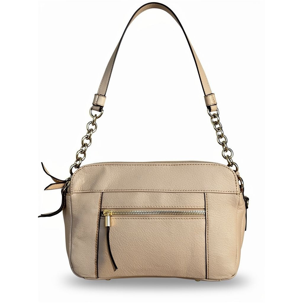 B Makowsky Beige Leather Shoulder Bag With Chain Strap & Gold Hardware