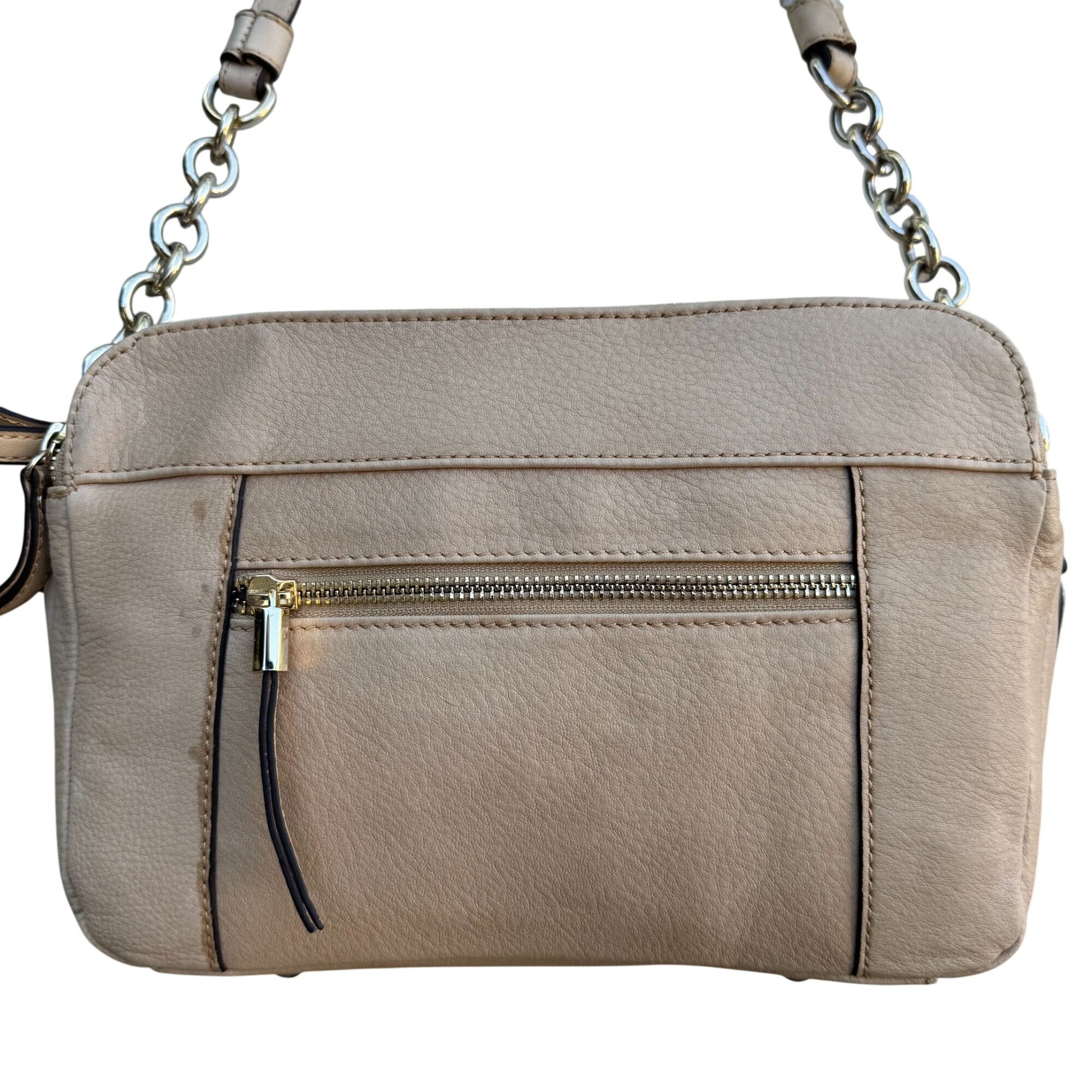B Makowsky Beige Leather Shoulder Bag With Chain Strap & Gold Hardware