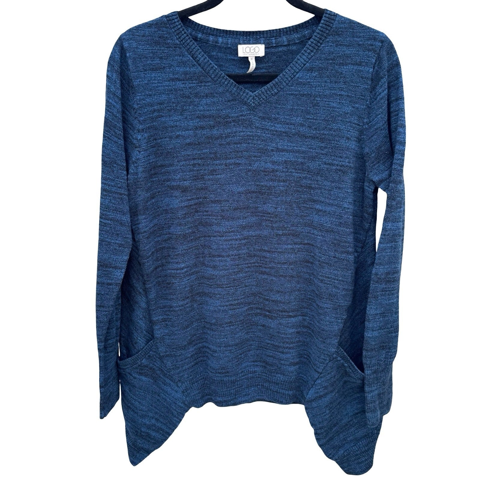 LOGO Lori Goldstein Womens Blue Marled V-Neck Sharkbite Hem Sweater Pockets M