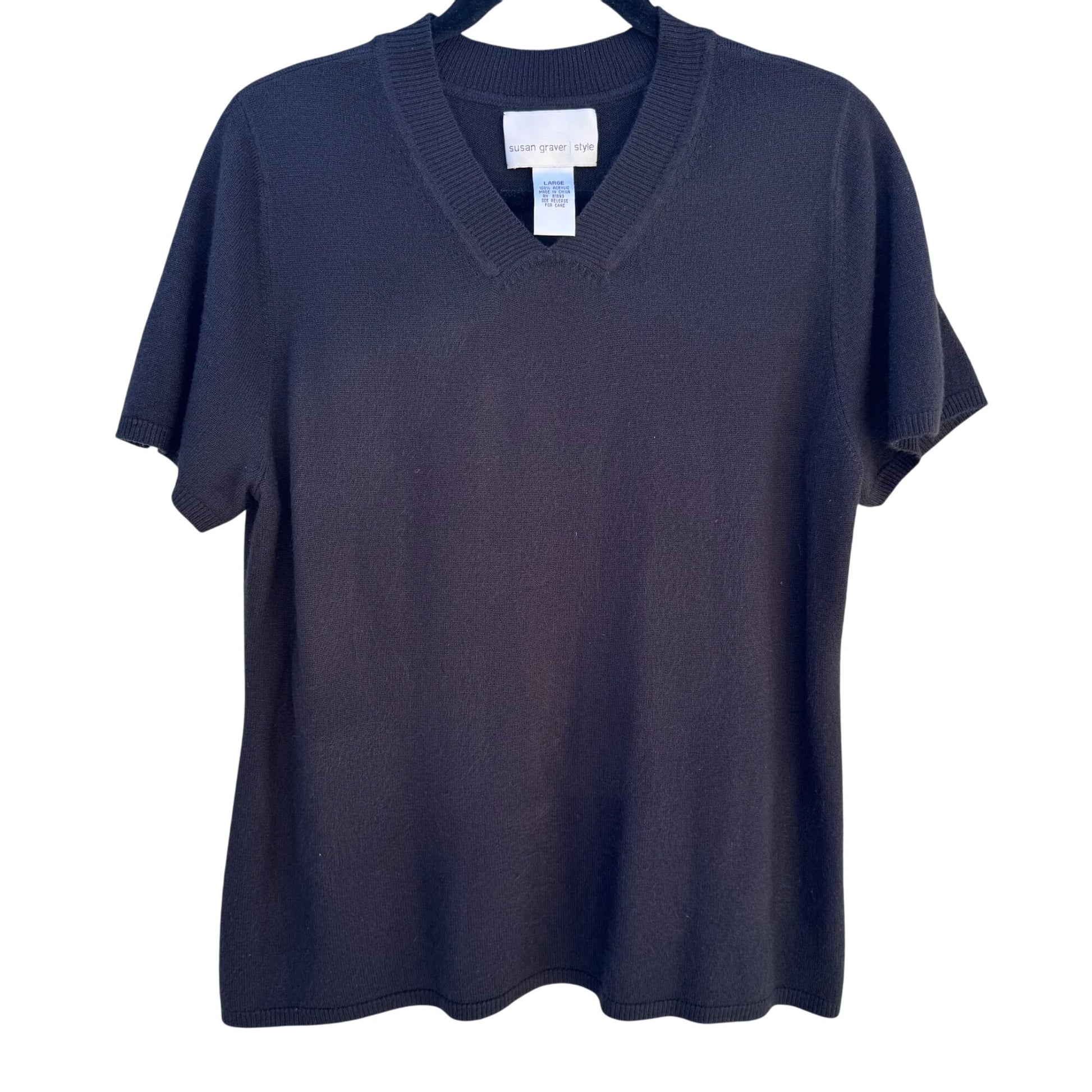 Susan Graver Style Womens Black Short Sleeve V-Neck Knit Sweater Shirt Large