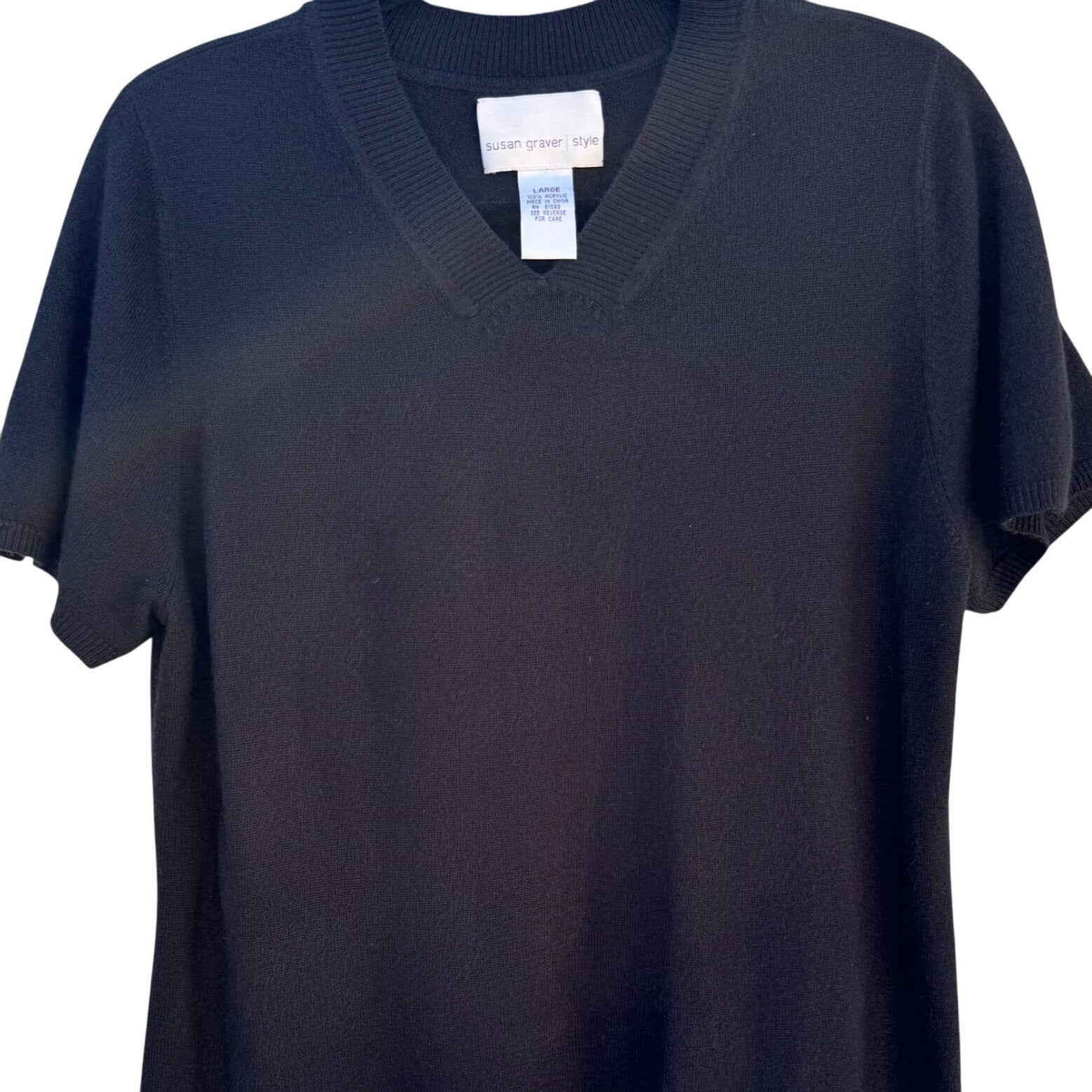 Susan Graver Style Womens Black Short Sleeve V-Neck Knit Sweater Shirt Large