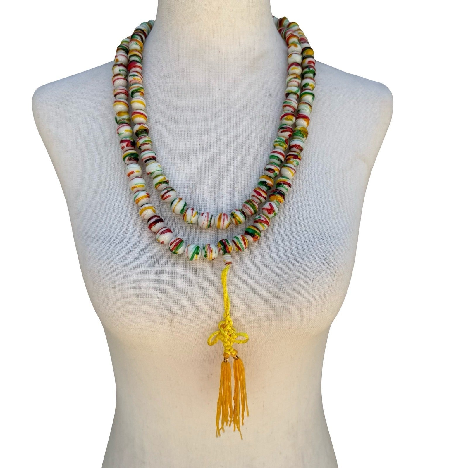 Hand Painted Striped Glass Bead Necklace Yellow Tassel Chinese Knot Multicolor