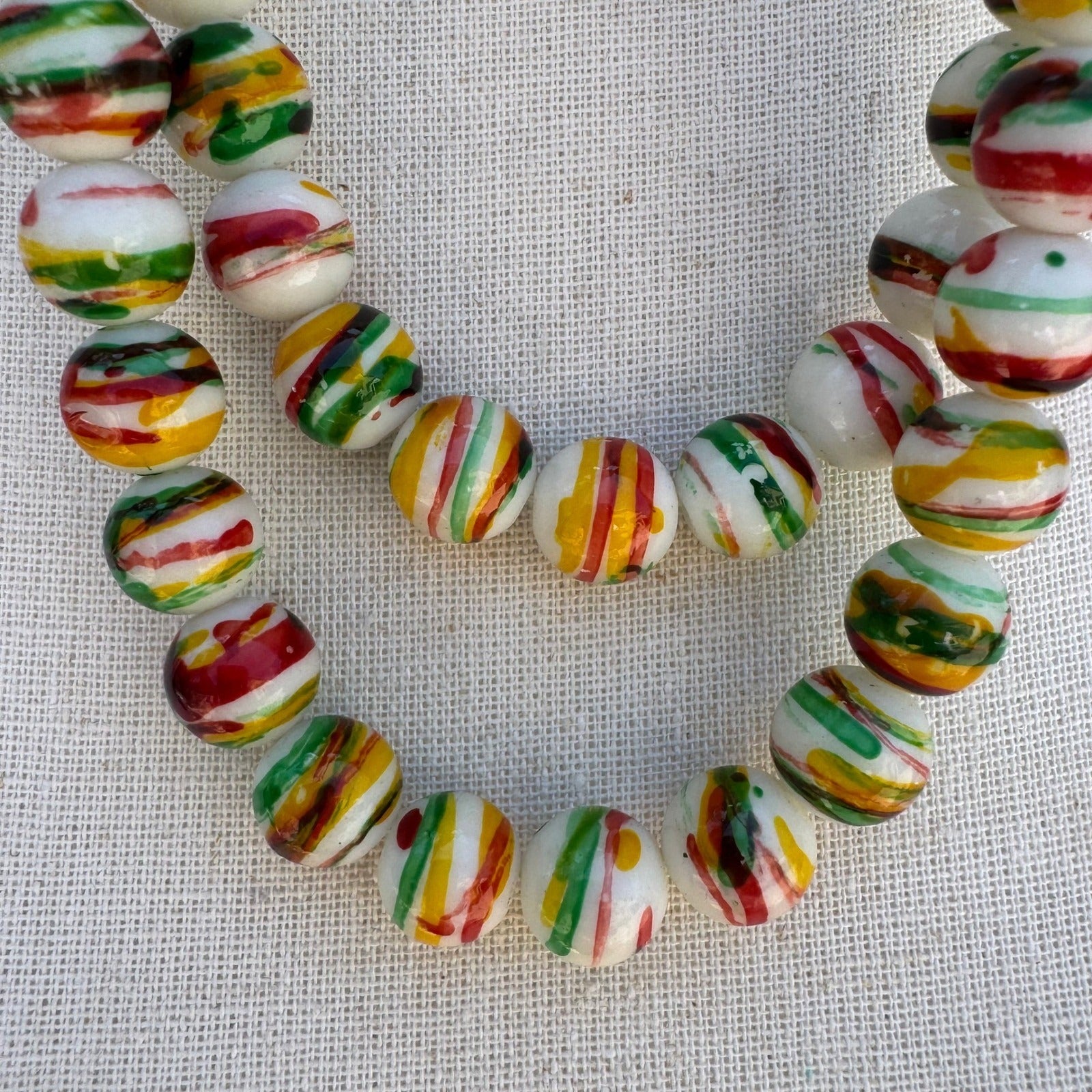 Hand Painted Striped Glass Bead Necklace Yellow Tassel Chinese Knot Multicolor