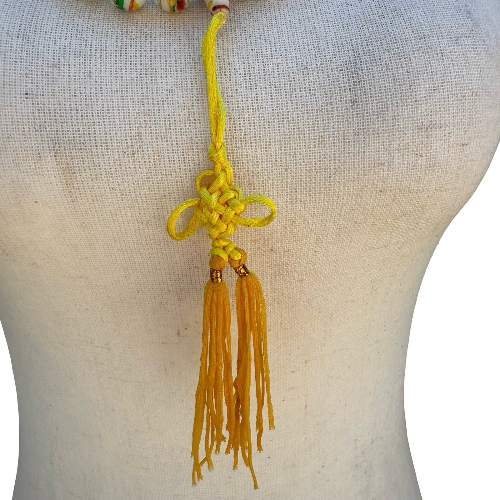 Hand Painted Striped Glass Bead Necklace Yellow Tassel Chinese Knot Multicolor