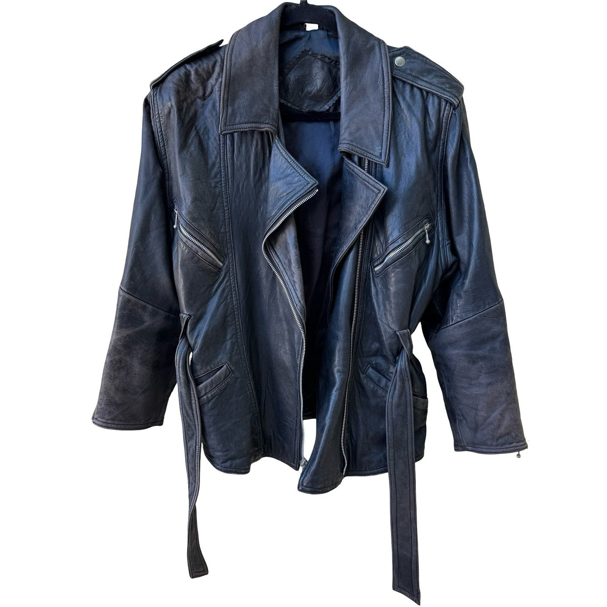 Plantation Vintage Grunge Rocker Belted Distressed Biker Moto Jacket ZIPPER FLAW