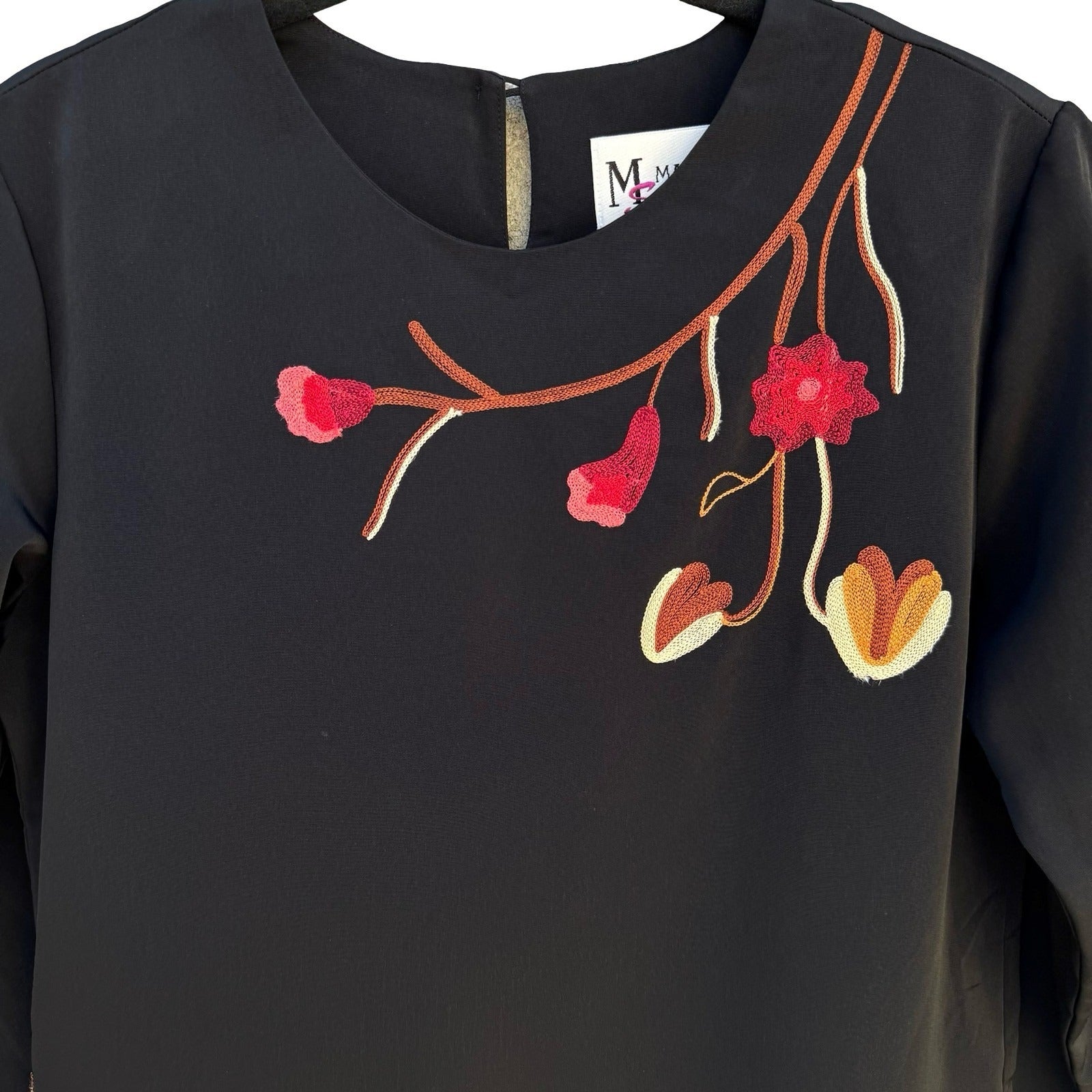 Maggie Sweet Vintage 90s Womens S Black Floral Embroidered Long Sleeve Blouse