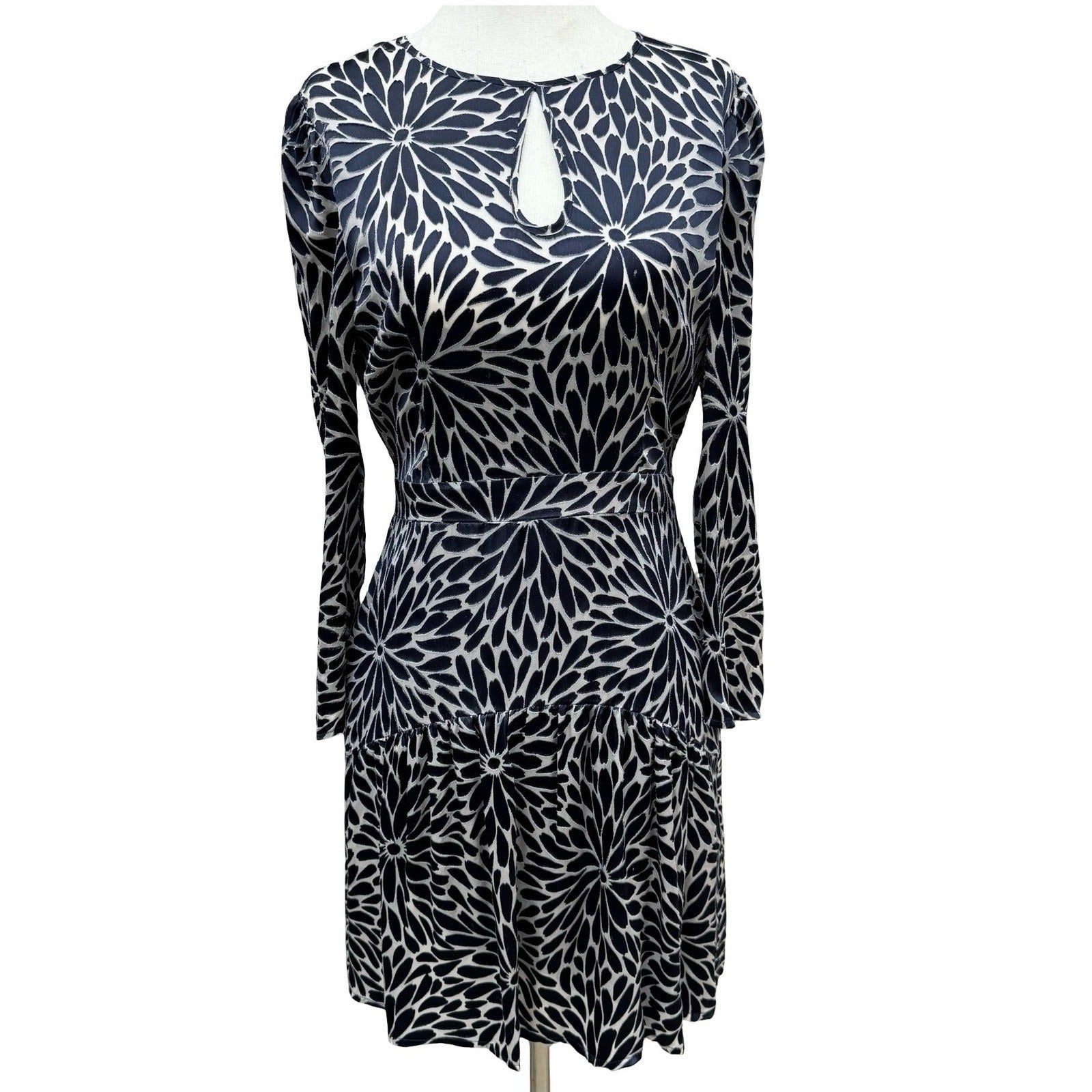Rebecca Taylor Navy Blue Silver Floral Burnout Velvet Silk Mini Dress Size 2