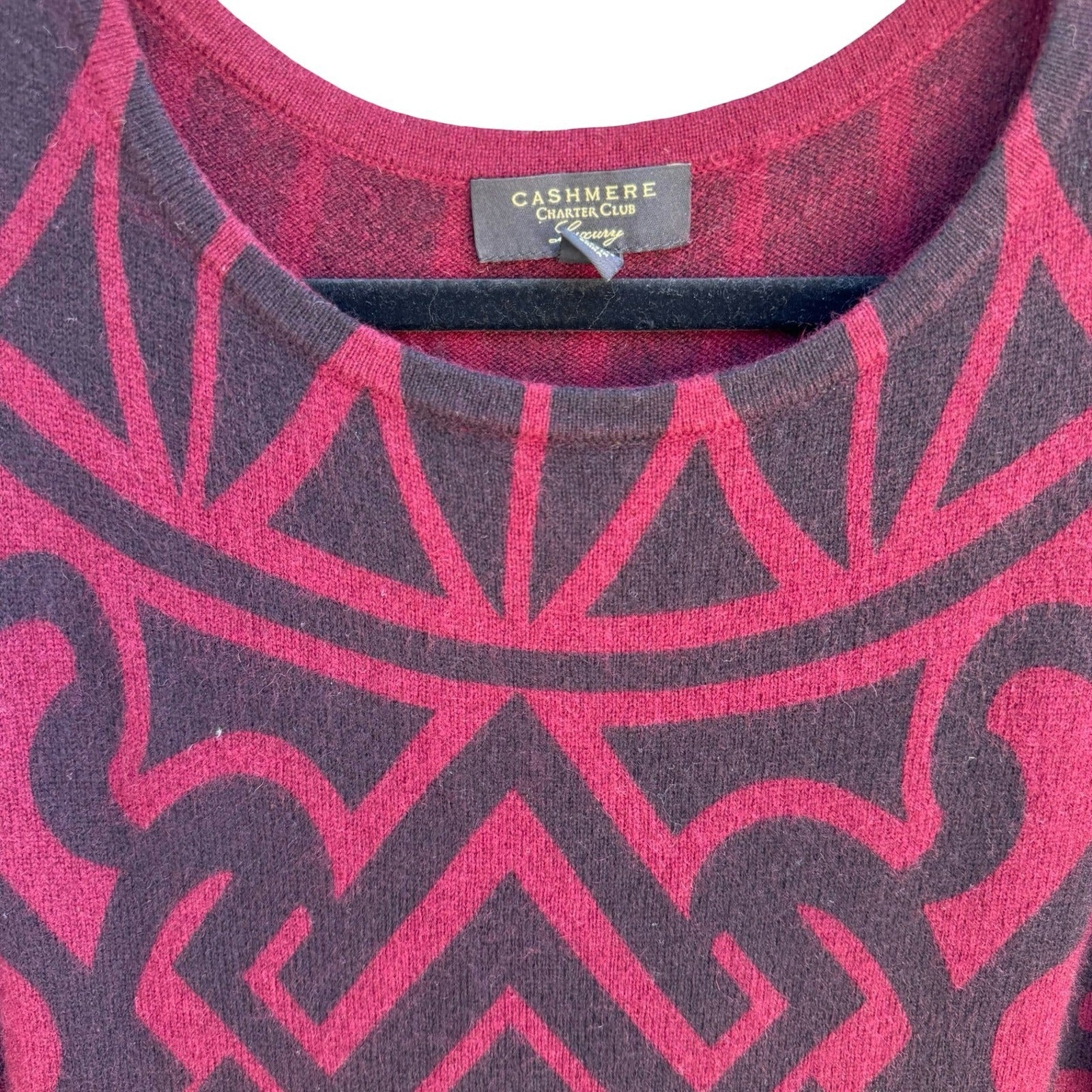 Charter Club Luxury 100% Cashmere Geometric Intarsia Sweater Burgundy L Tribal