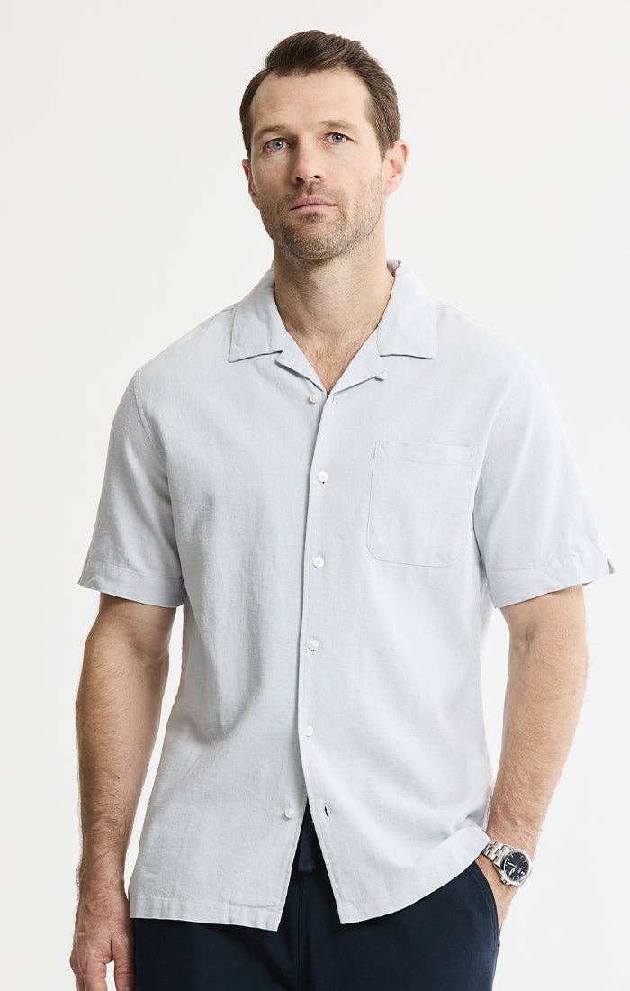 Linen Blend Short Sleeve Camp Shirt: STONE / M