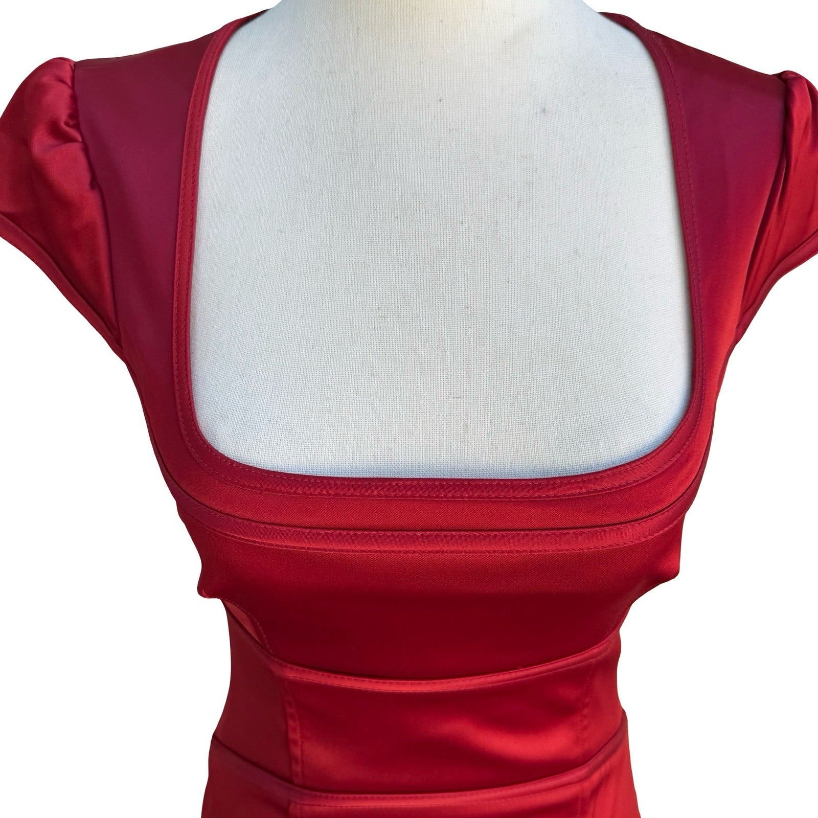 Laundry Shelli Segal Red Satin Square Neck Cap Sleeve Glam Bodycon Mini Dress 0