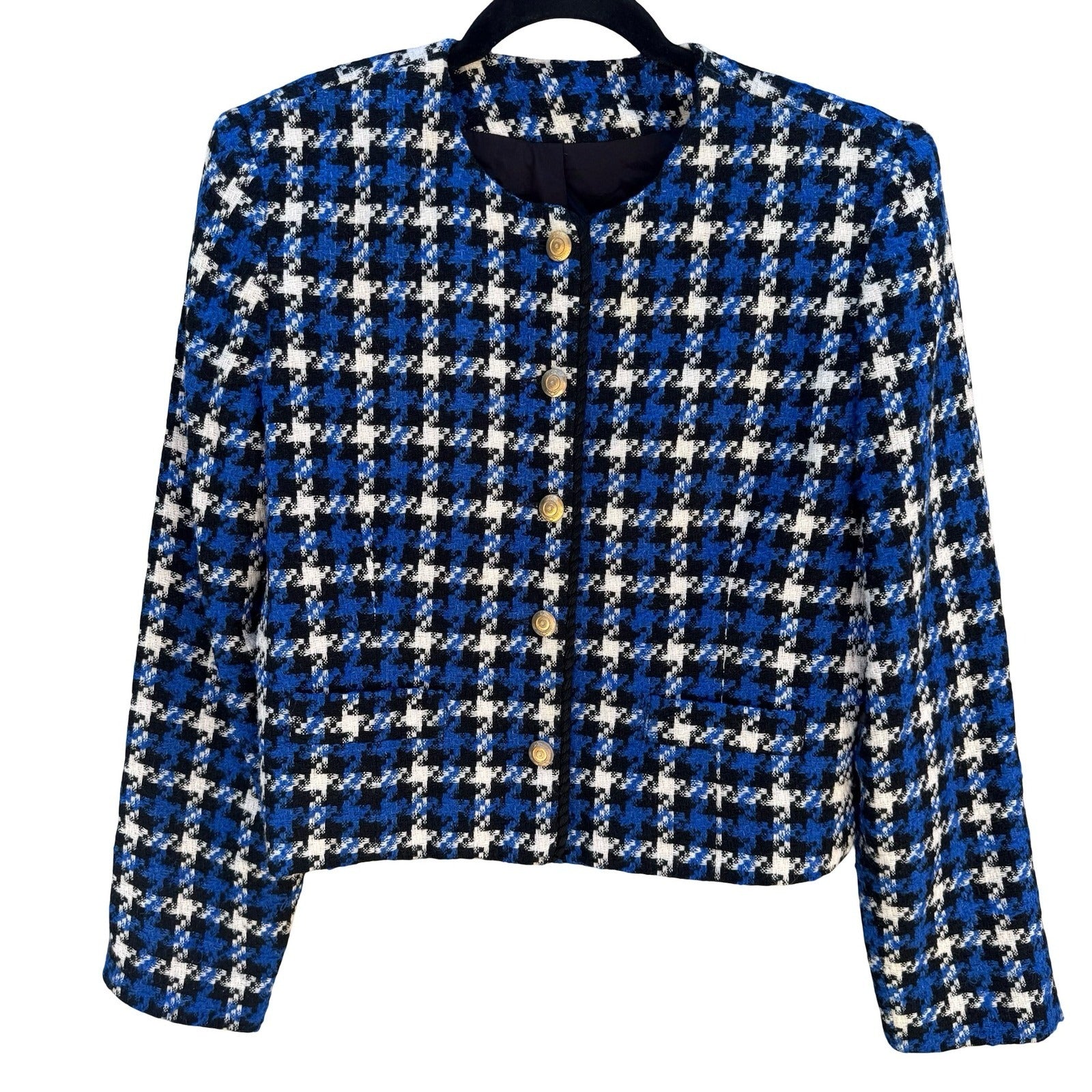 Michele Vintage Houndstooth Blazer Blue Black White Tweed Gold Button Jacket 10