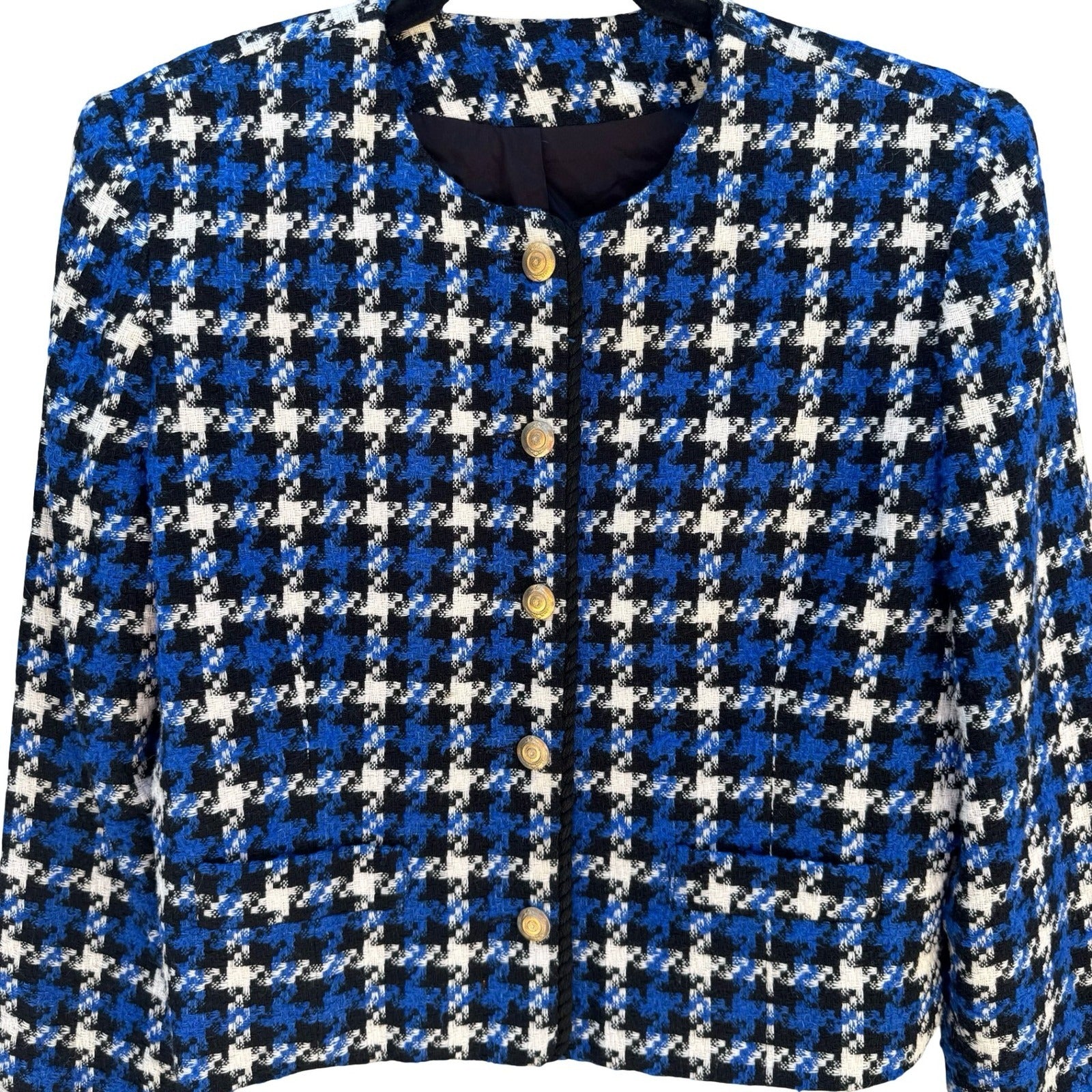 Michele Vintage Houndstooth Blazer Blue Black White Tweed Gold Button Jacket 10