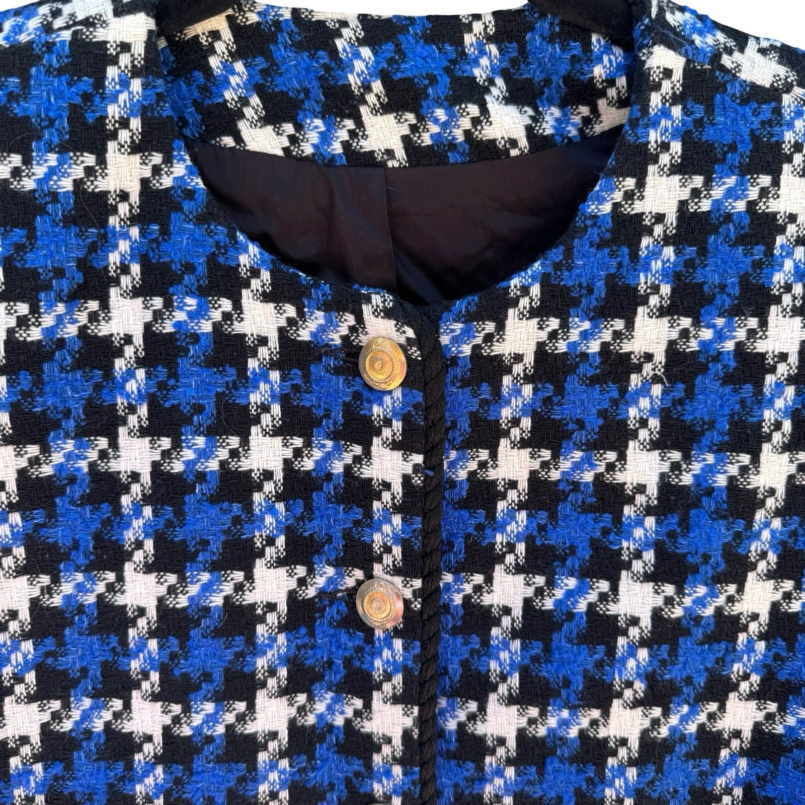 Michele Vintage Houndstooth Blazer Blue Black White Tweed Gold Button Jacket 10