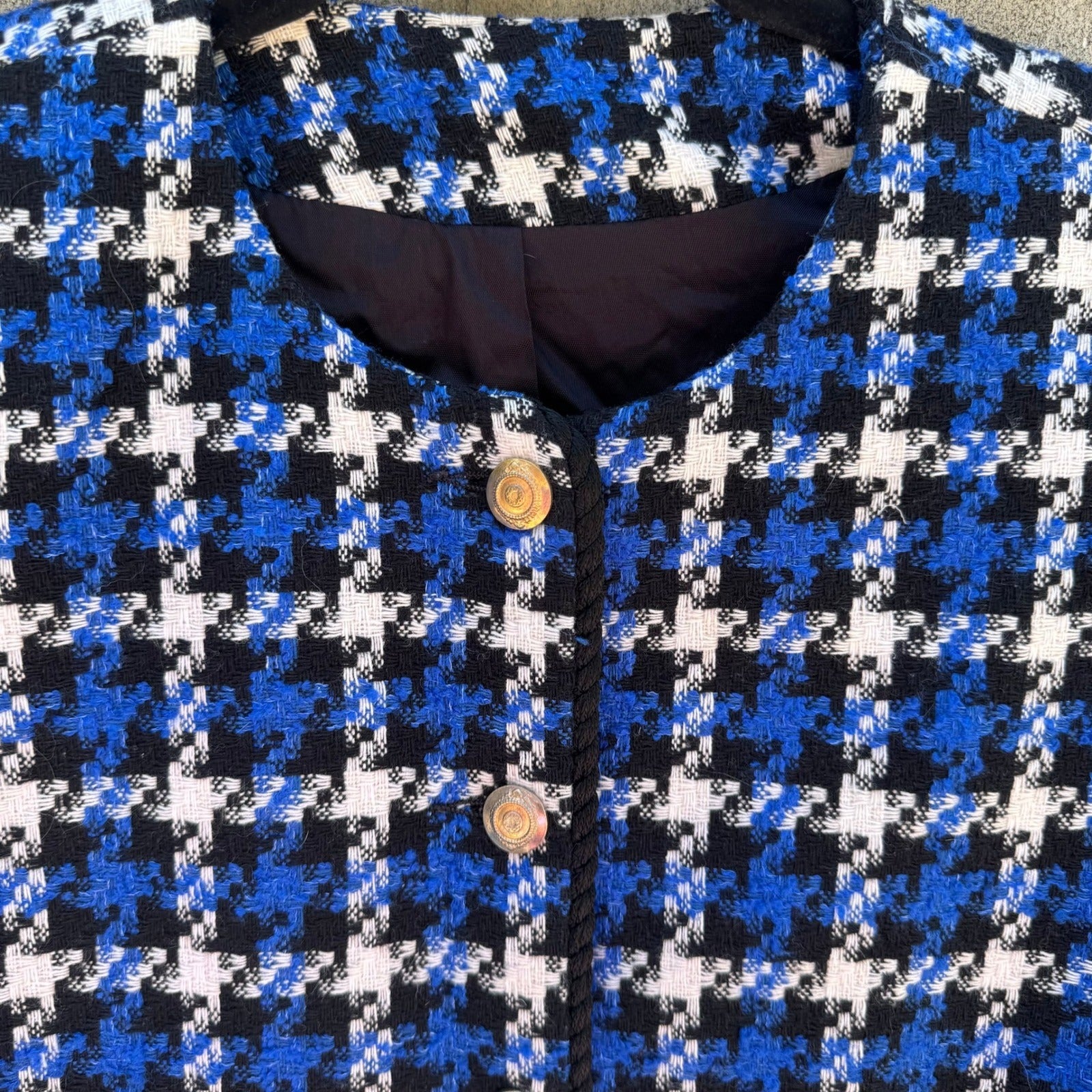 Michele Vintage Houndstooth Blazer Blue Black White Tweed Gold Button Jacket 10