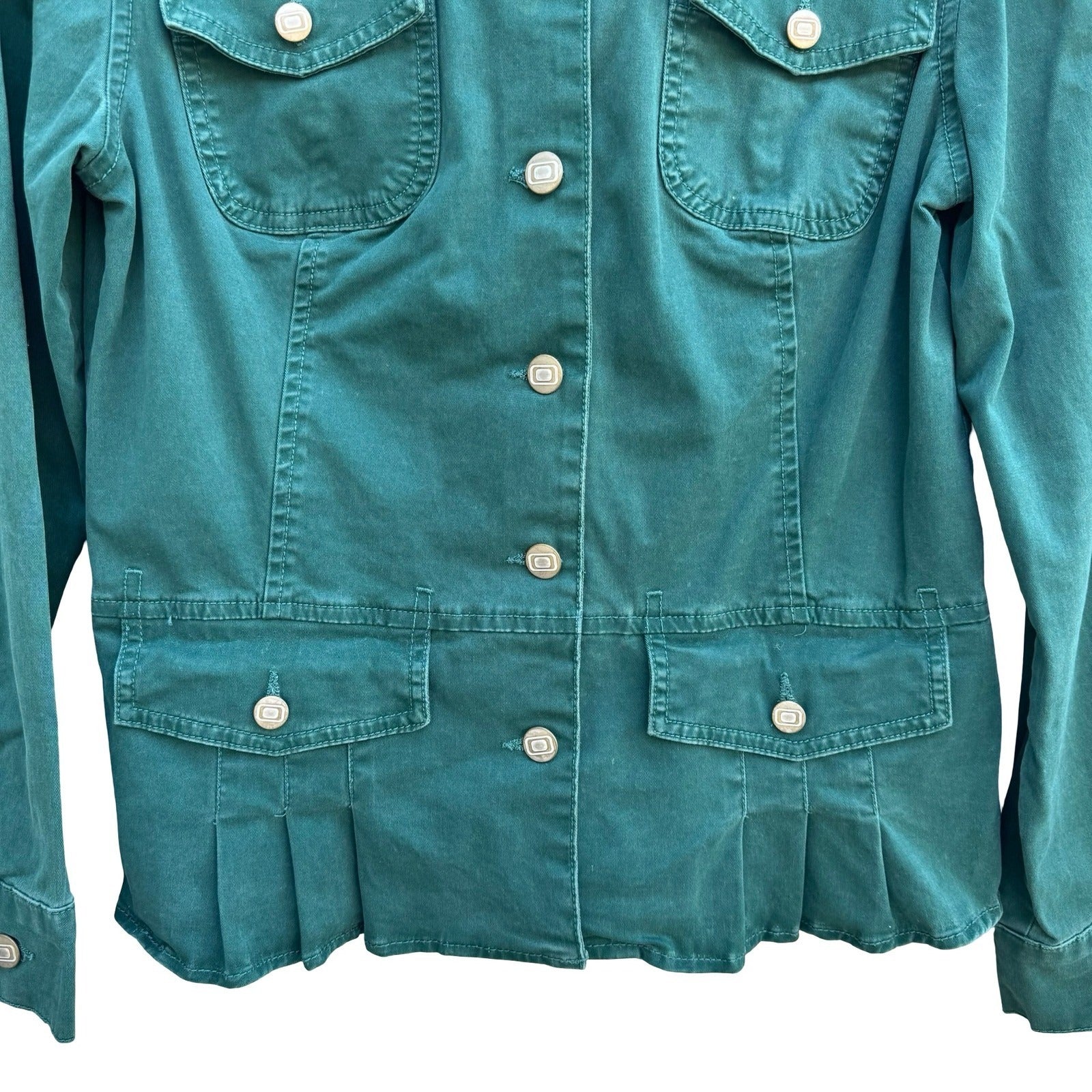 Bandolino Blu Womens Green Utility Jacket Mock Neck Pleated Peplum M Military