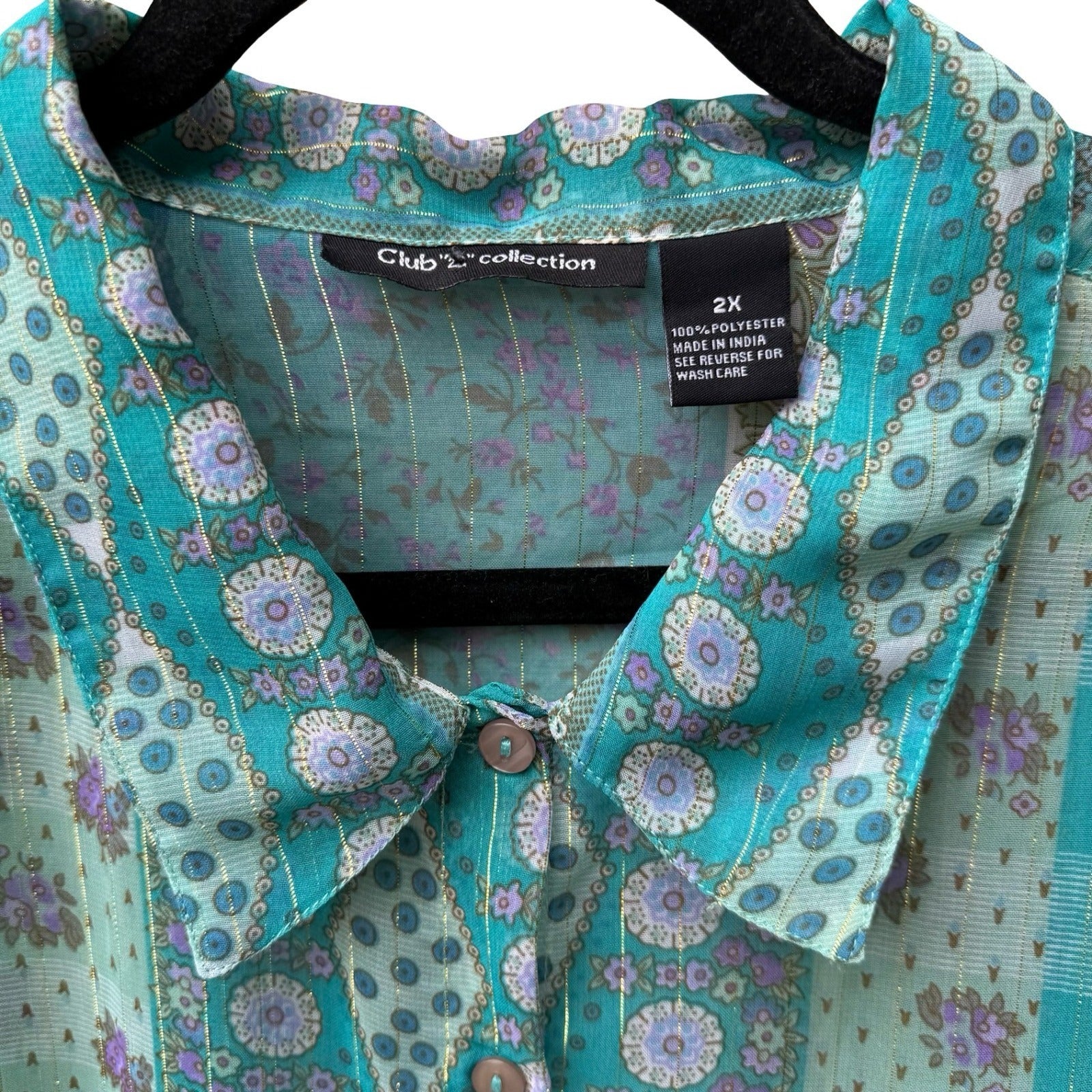 Club Z Collection Boho Sheer Ethereal Hippie Teal Floral Lurex Stripe Blouse 2X