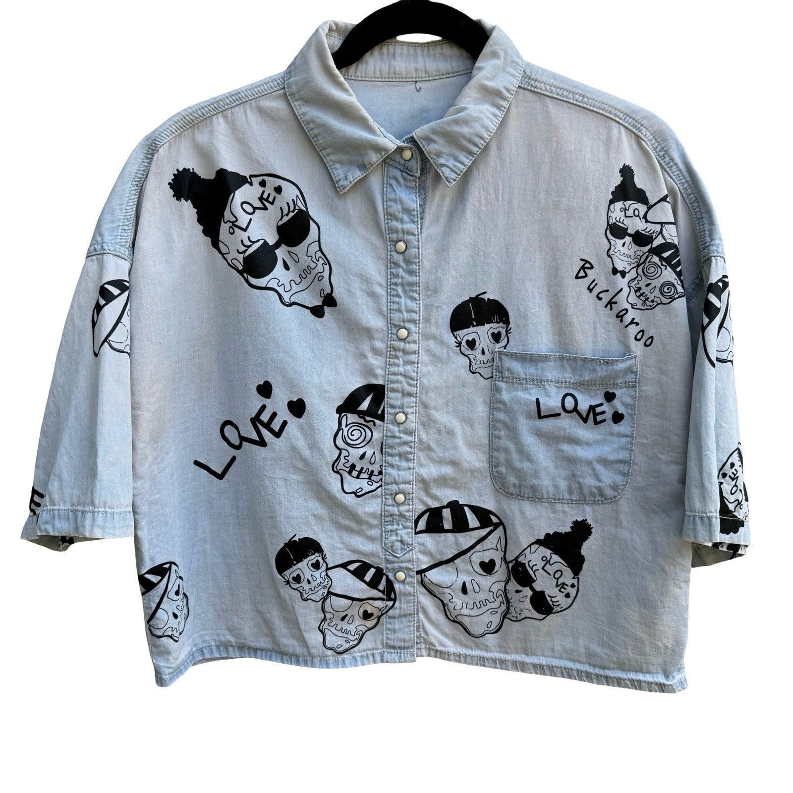 Buckaroo Denim Skull Snap Front Cropped Boxy Skater Streetwear Rockabilly Shirt