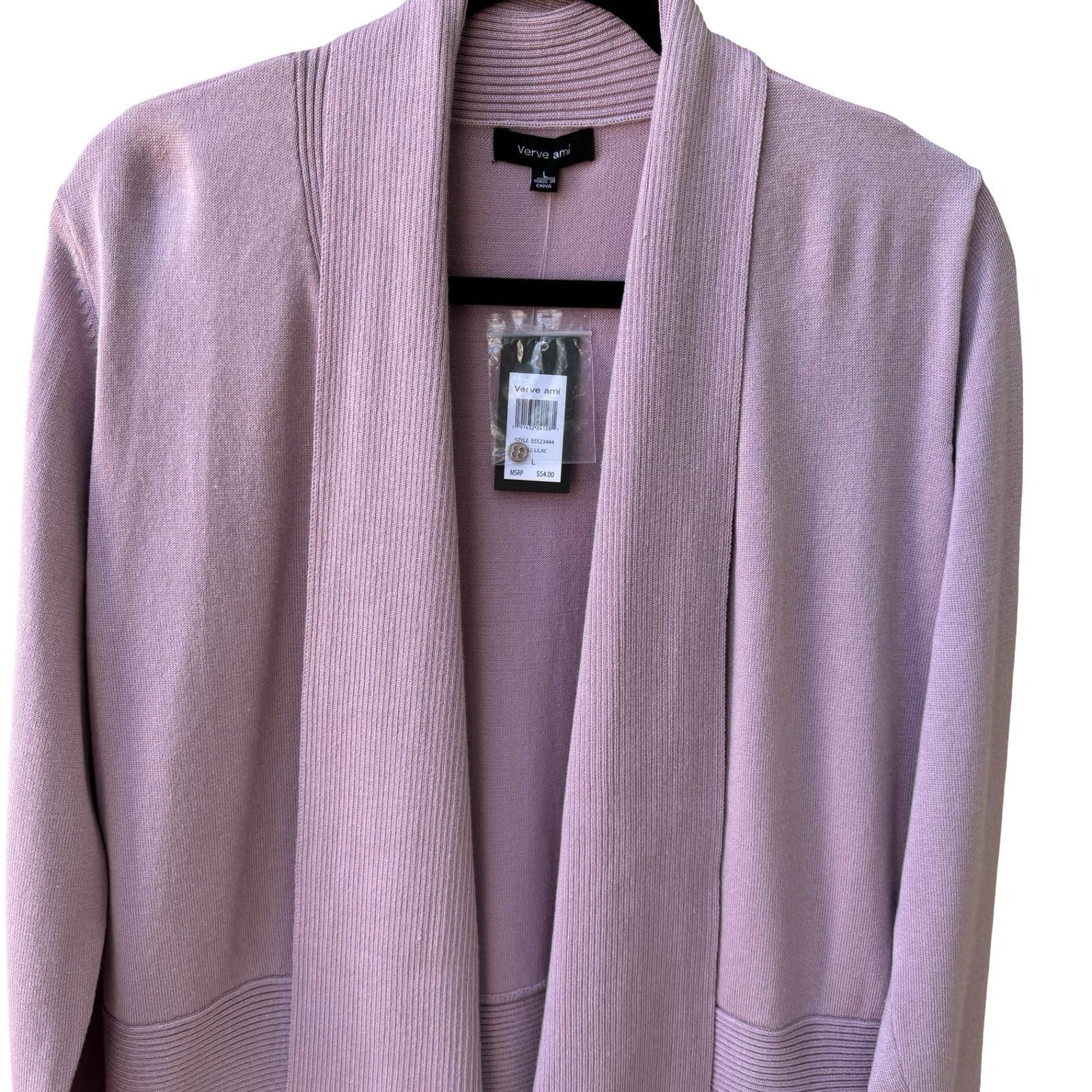 Verve Ami Minimalist Open Front Shawl Collar Cardigan Sweater Pastel Lilac L NEW
