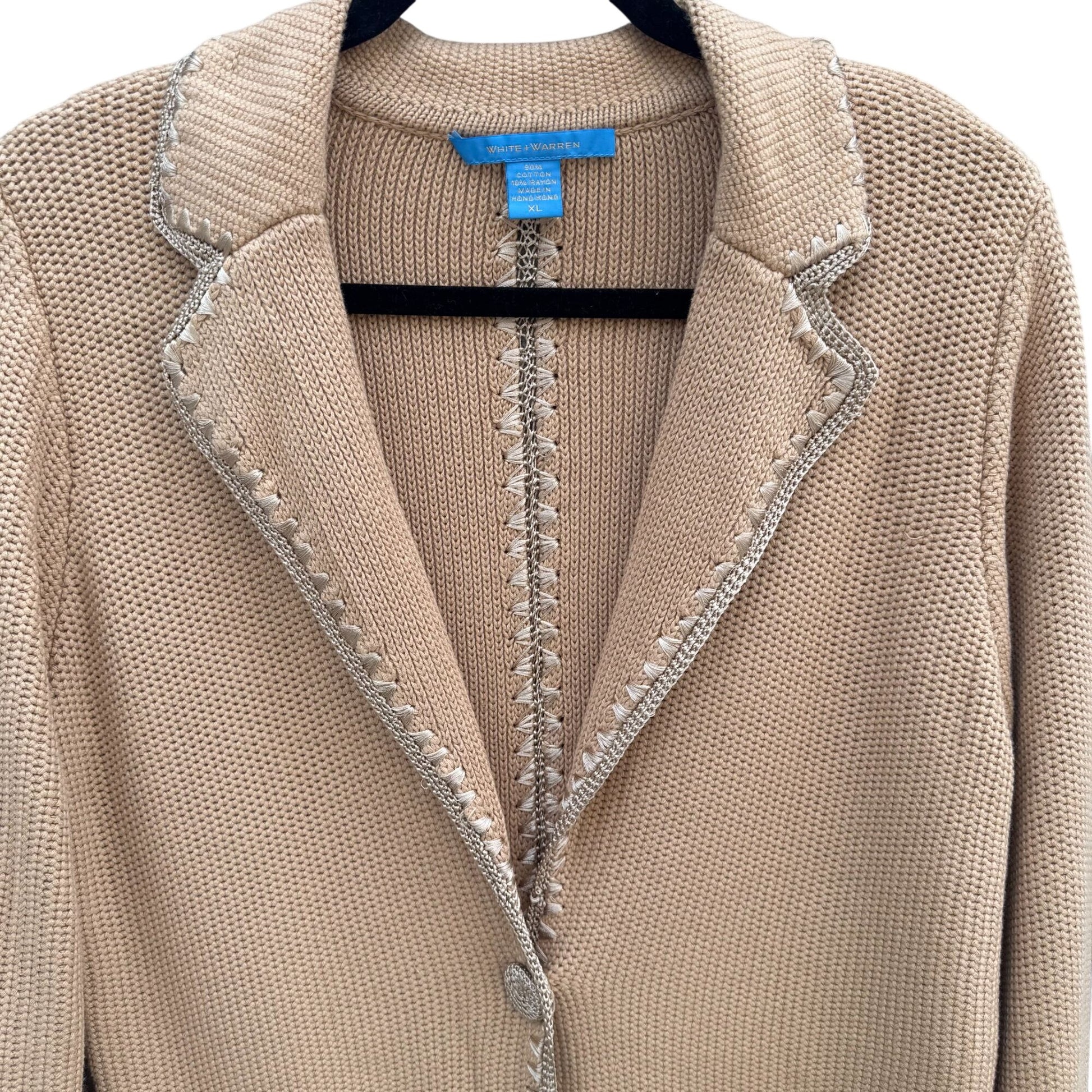 White + Warren Beige Knit Blazer Cardigan Jacket Knit Crochet Trim Womens XL
