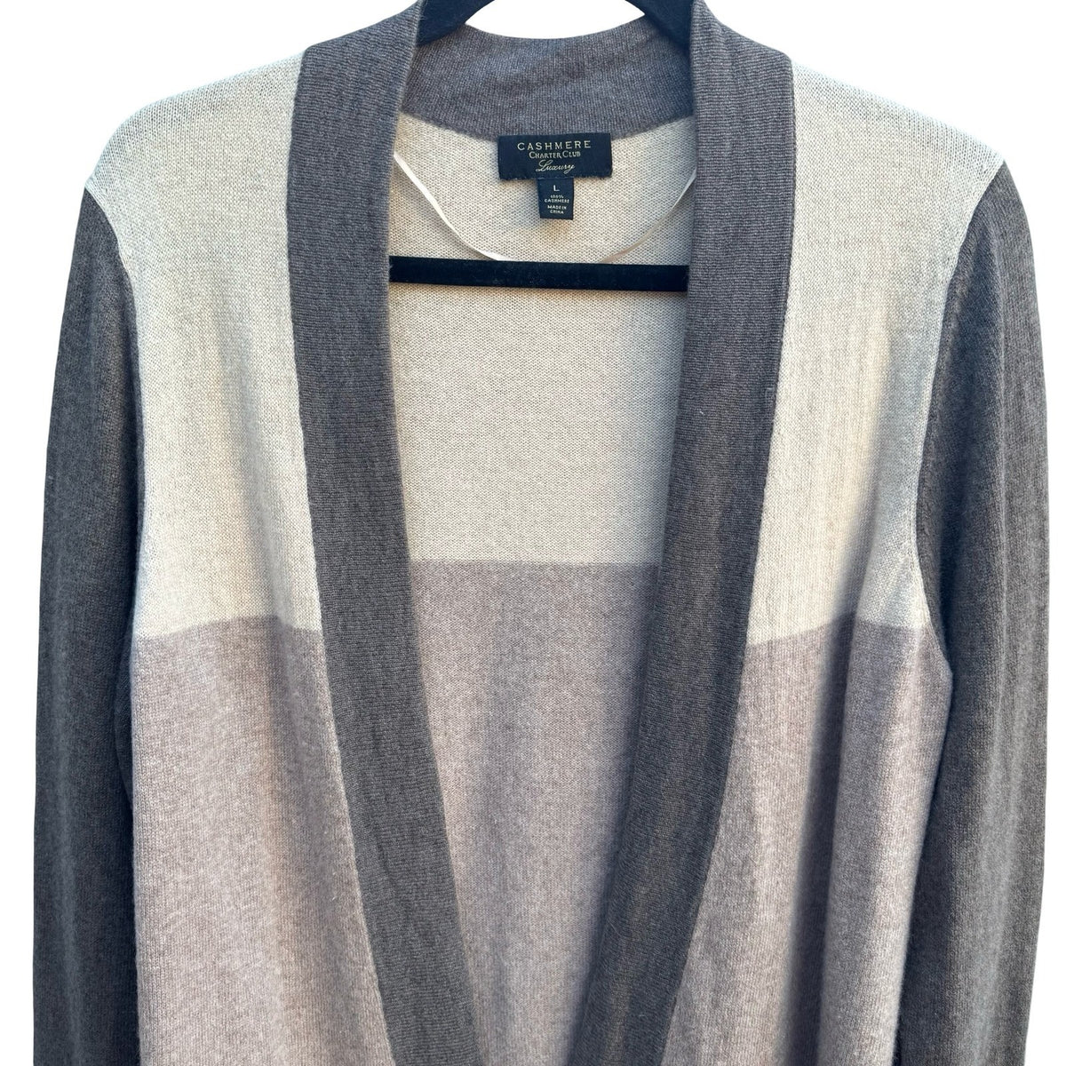 Charter Club Cashmere Colorblock Quiet Luxury Preppy Open Cardigan Neutral L