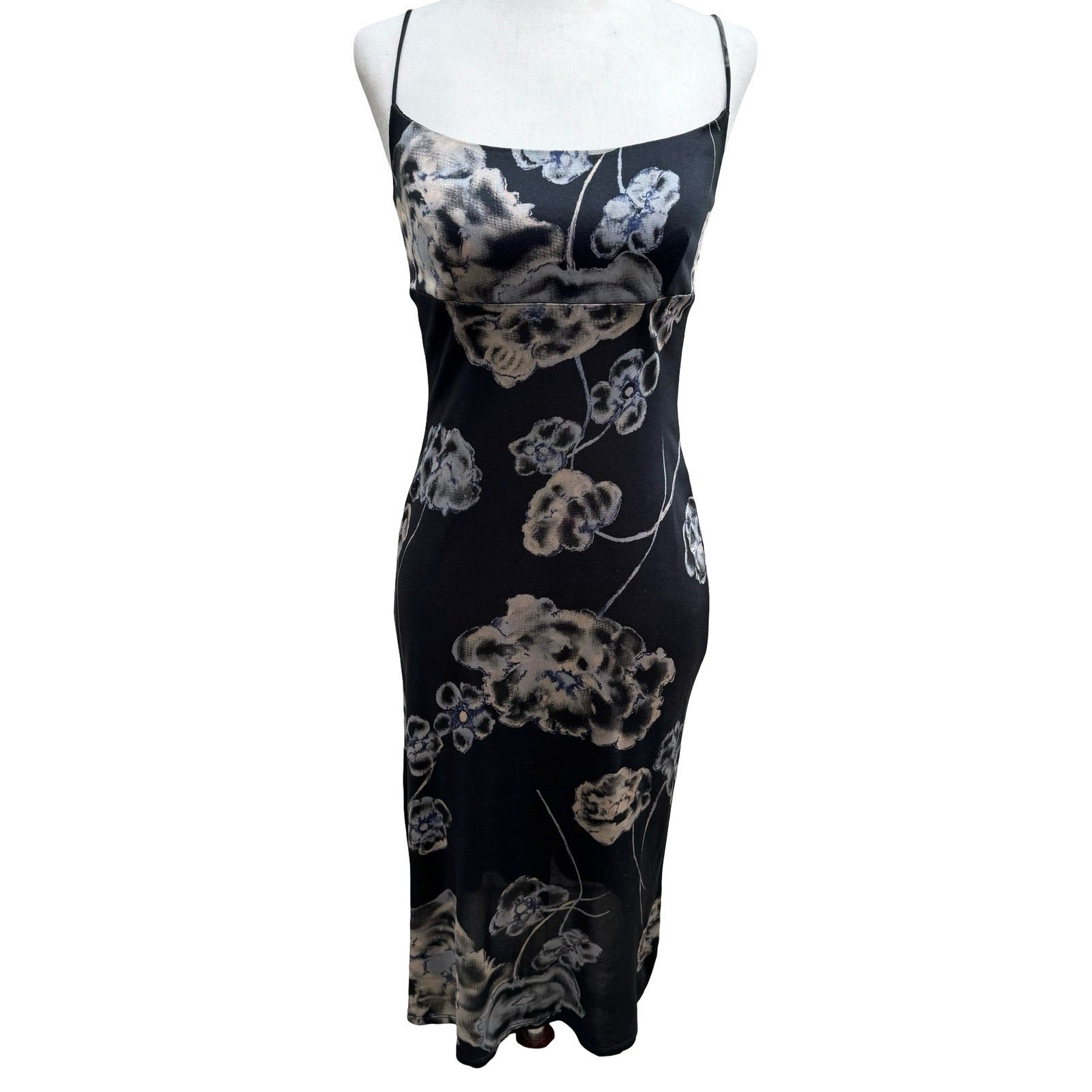 BCBG Max Azria Vintage Y2K 90s Dark Floral Empire Waist Midi Dress Whimsigoth S