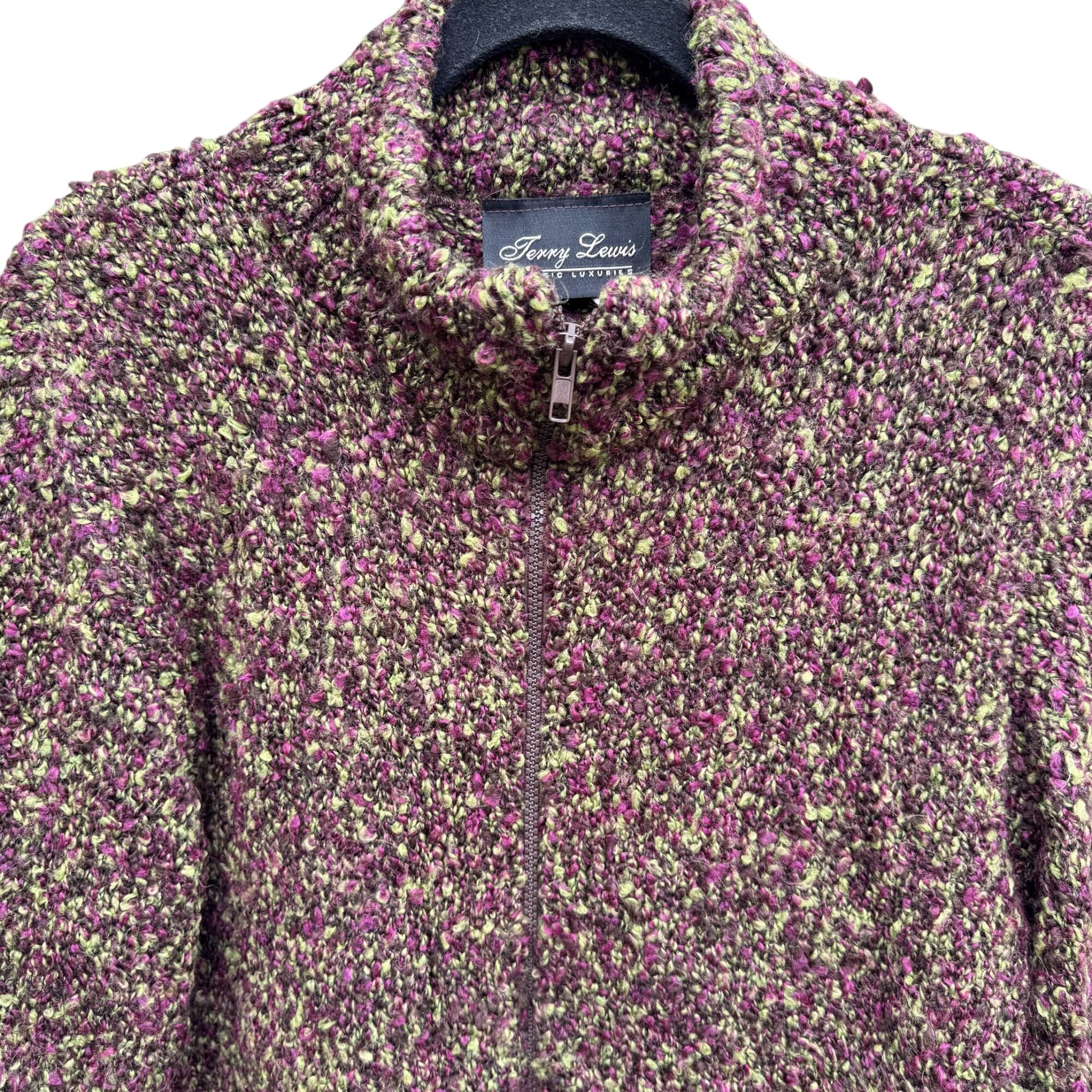 Terry Lewis Womens Vintage Zip Cardigan Sweater Purple Green Boucle Long Sleeve S