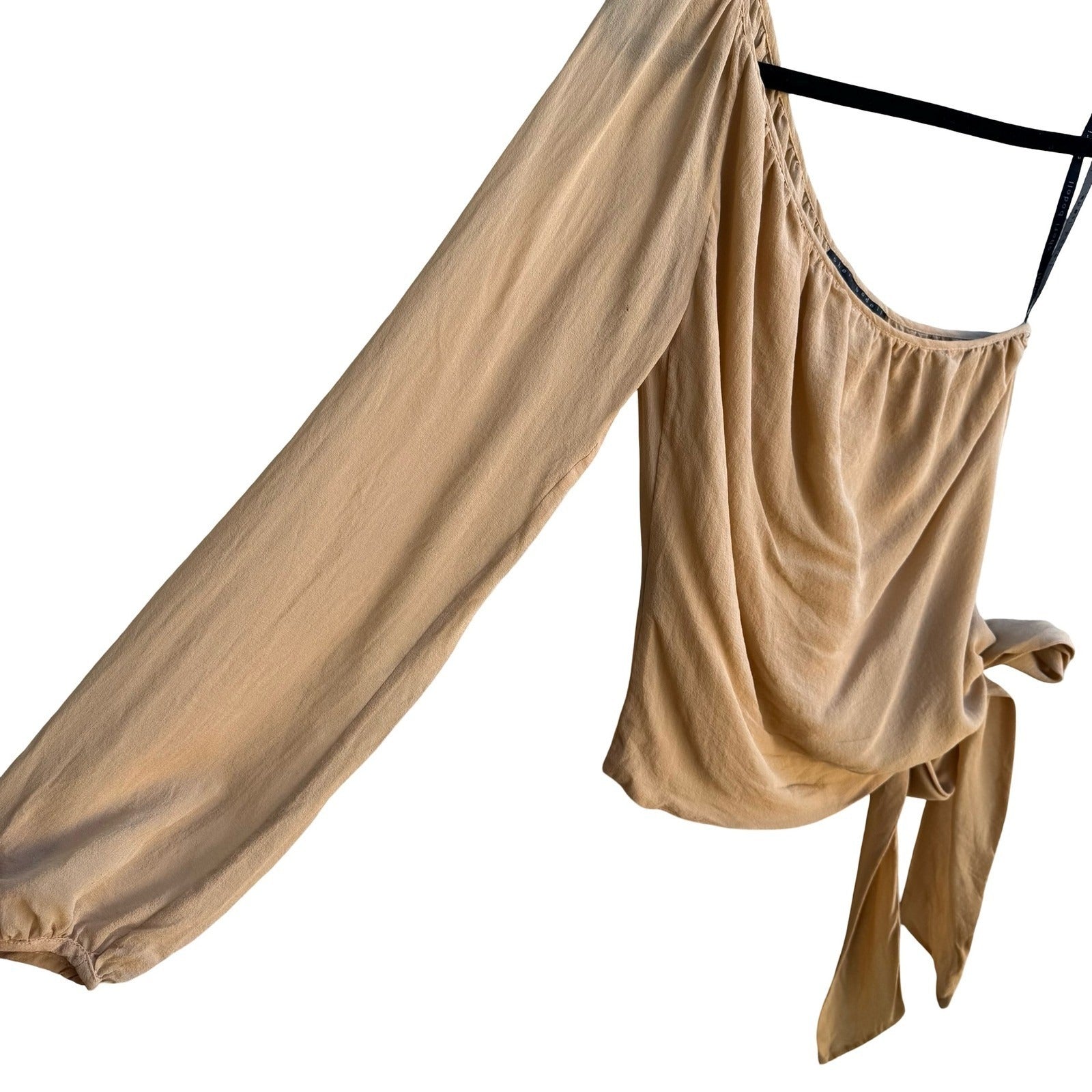 Sheri Bodell Y2K Quiet Luxury Minimalist Silk One Shoulder Side Tie Blouse Tan S