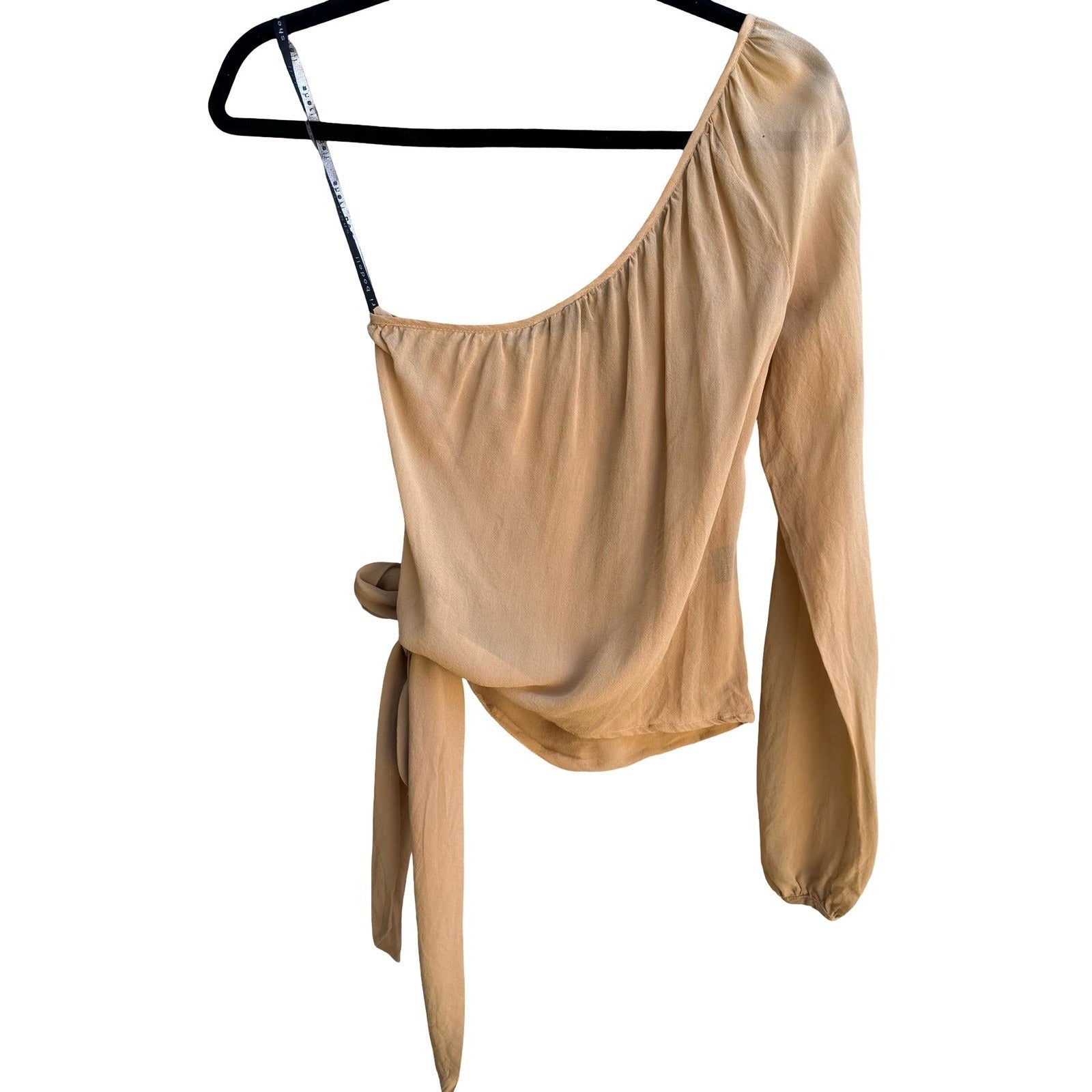 Sheri Bodell Y2K Quiet Luxury Minimalist Silk One Shoulder Side Tie Blouse Tan S