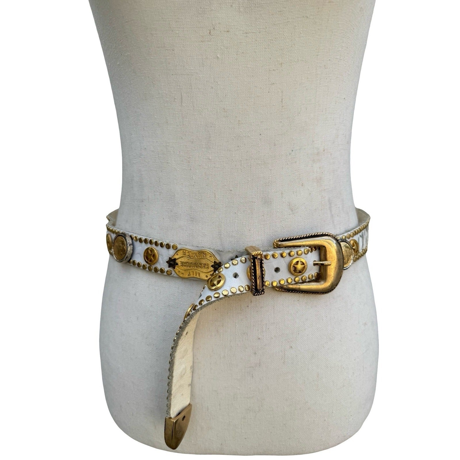 Lily Farouche Munich Vintage White Leather Studded Buffalo Nickel Western Belt