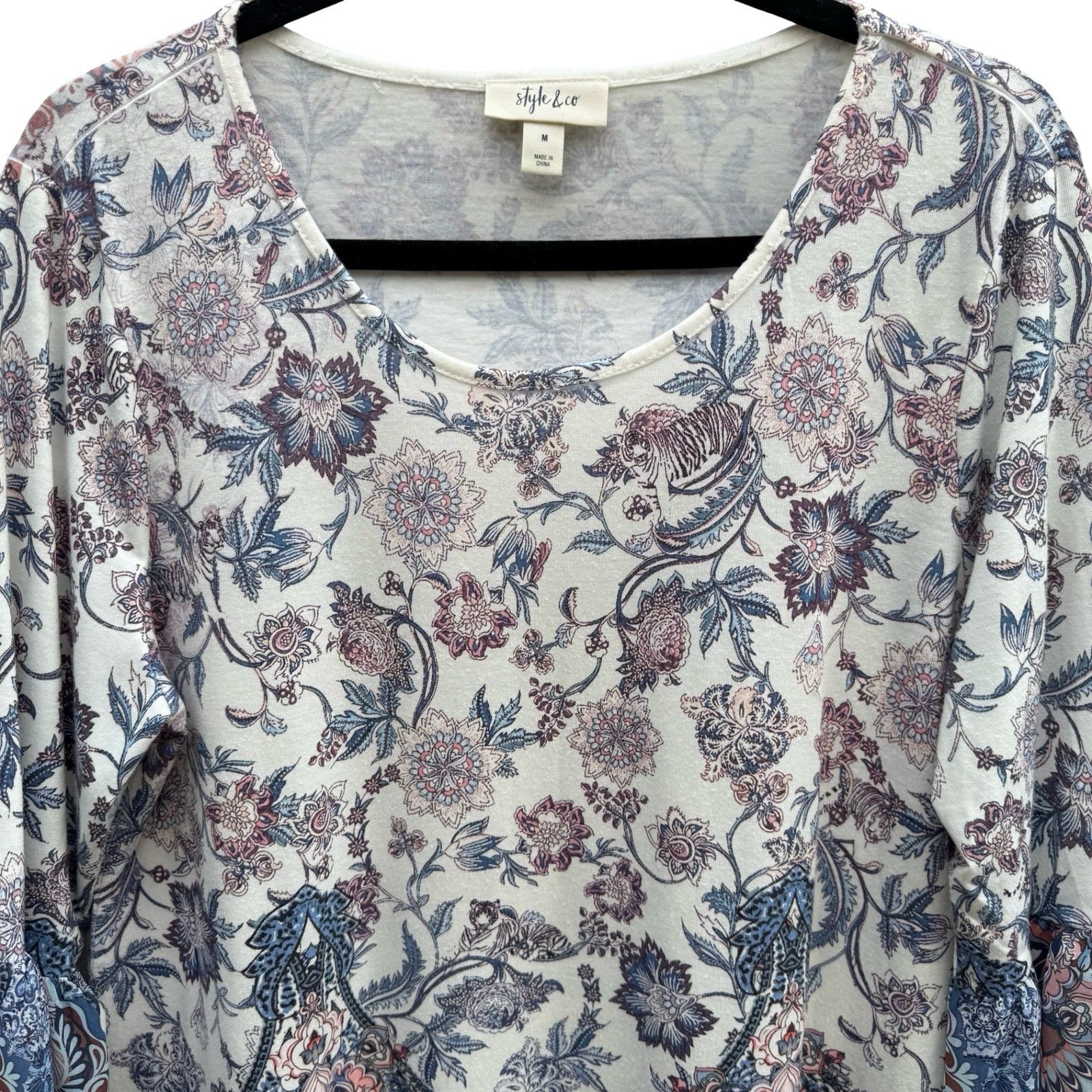 Style & Co Boho Feminine Garden Floral Paisley Bell Sleeve Peasant Blouse Top M