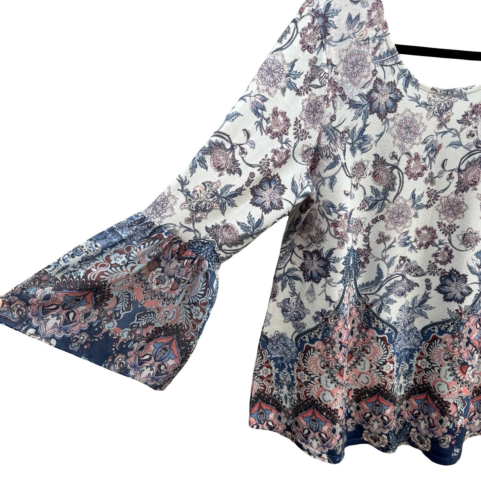 Style & Co Boho Feminine Garden Floral Paisley Bell Sleeve Peasant Blouse Top M