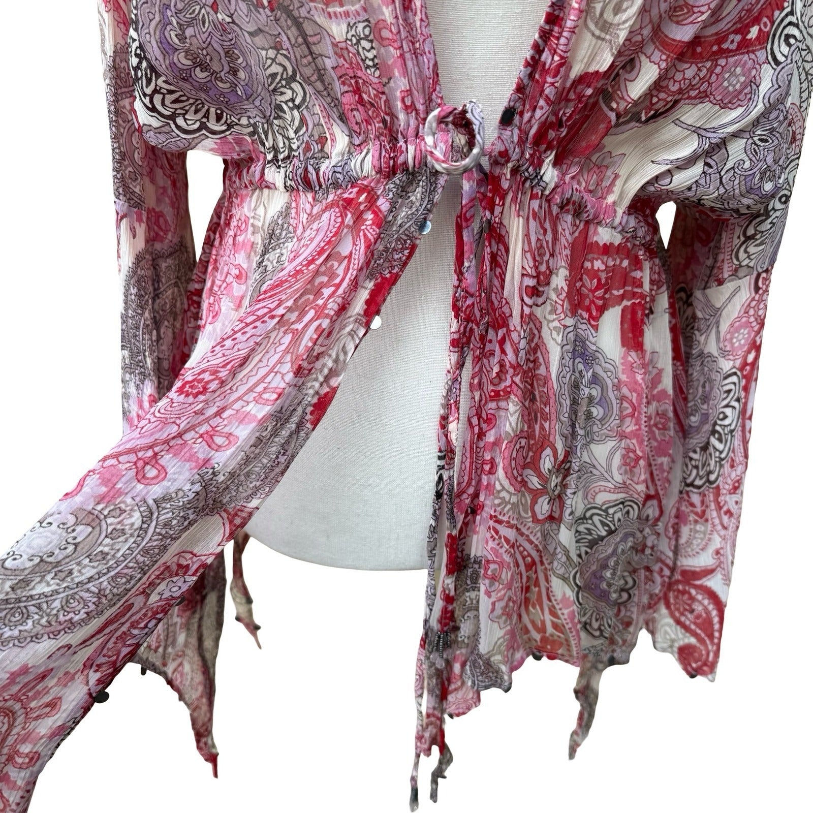 Zara Woman Boho Festival Fairy Pink Paisley Boho Bell Sleeve Peplum Blouse XS