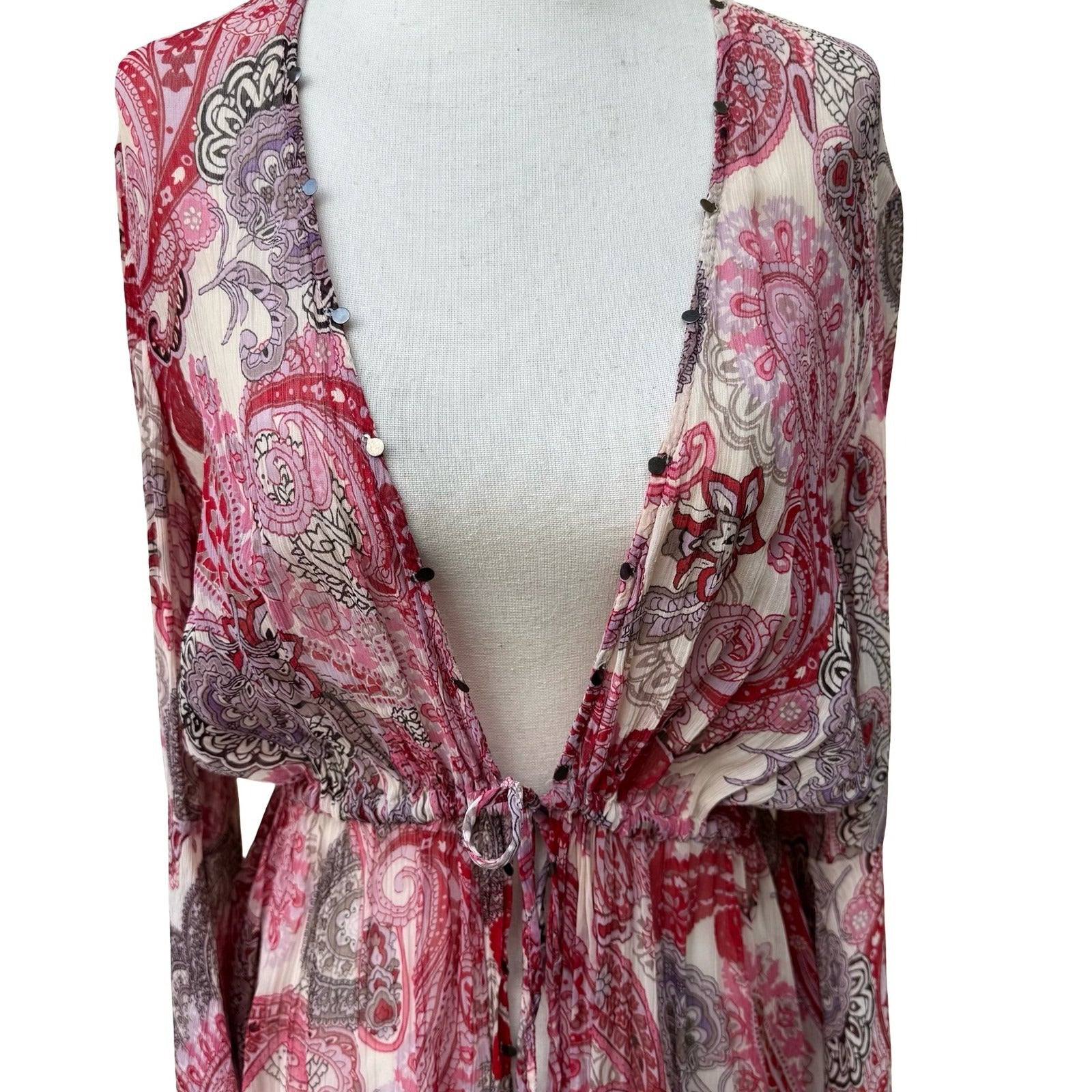 Zara Woman Boho Festival Fairy Pink Paisley Boho Bell Sleeve Peplum Blouse XS