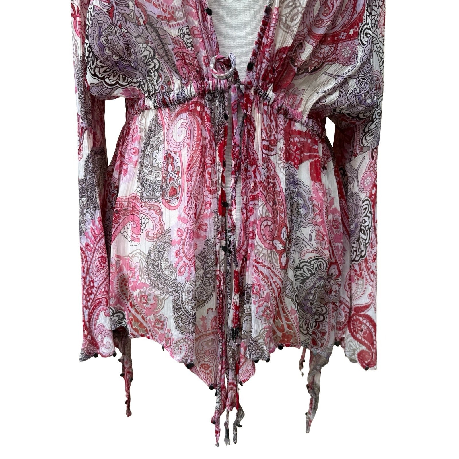 Zara Woman Boho Festival Fairy Pink Paisley Boho Bell Sleeve Peplum Blouse XS