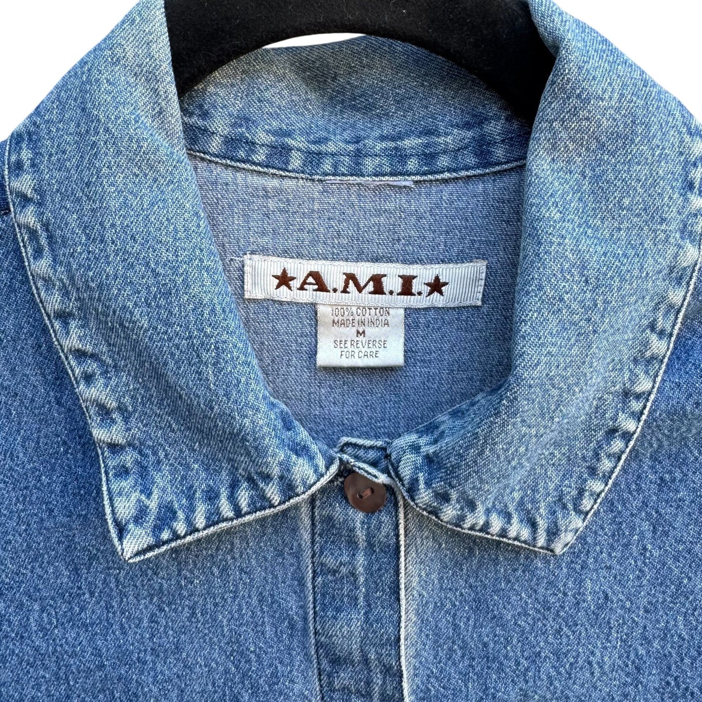 AMI Vintage Womens Short Sleeve Embroidered Cottage Floral Retro Denim Shirt M