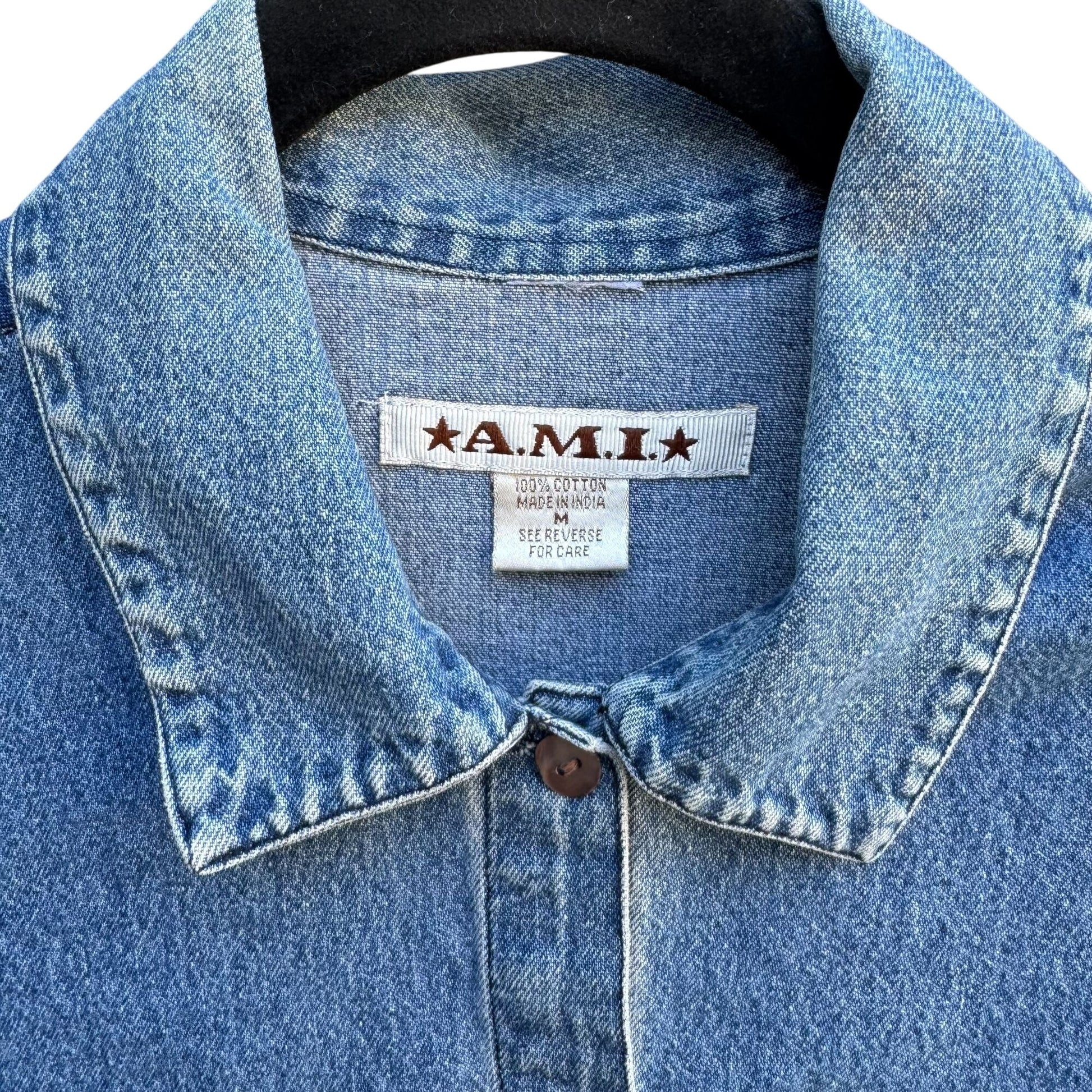 AMI Vintage Womens Short Sleeve Embroidered Cottage Floral Retro Denim Shirt M