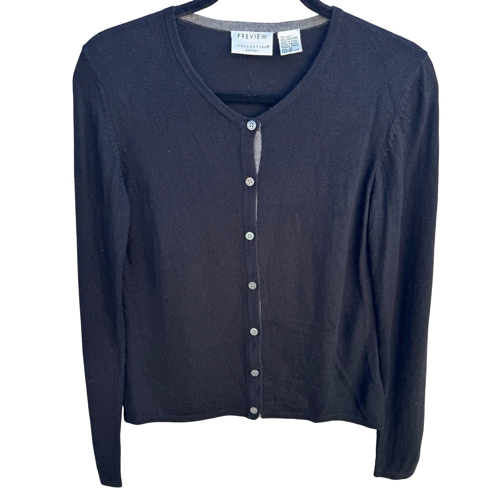 Preview Collection Petites Black Silk Cashmere Blend Button Front Cardigan M