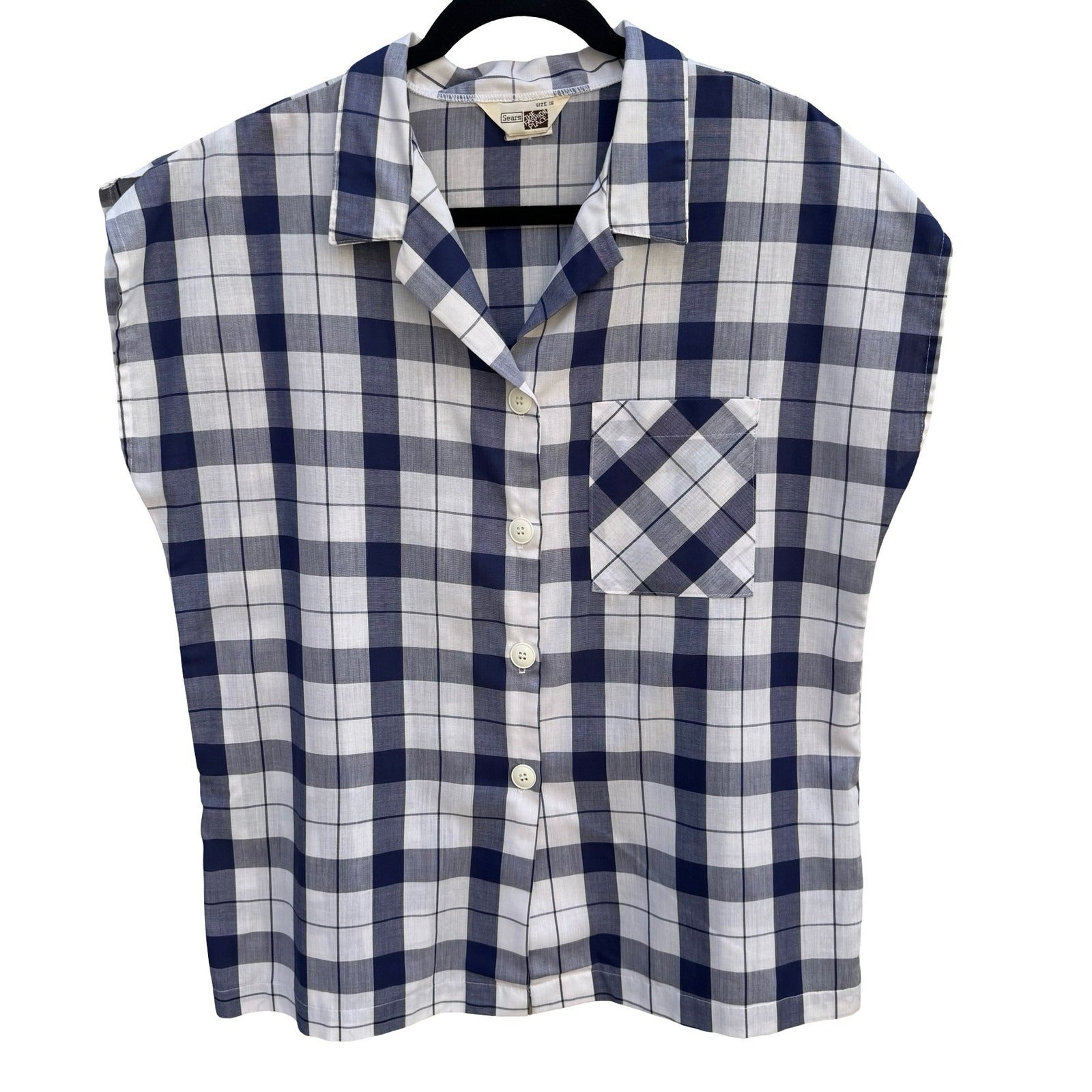 Sears The Fashion Place Vintage Navy Blue White Plaid Button Up Top Size 16 USA