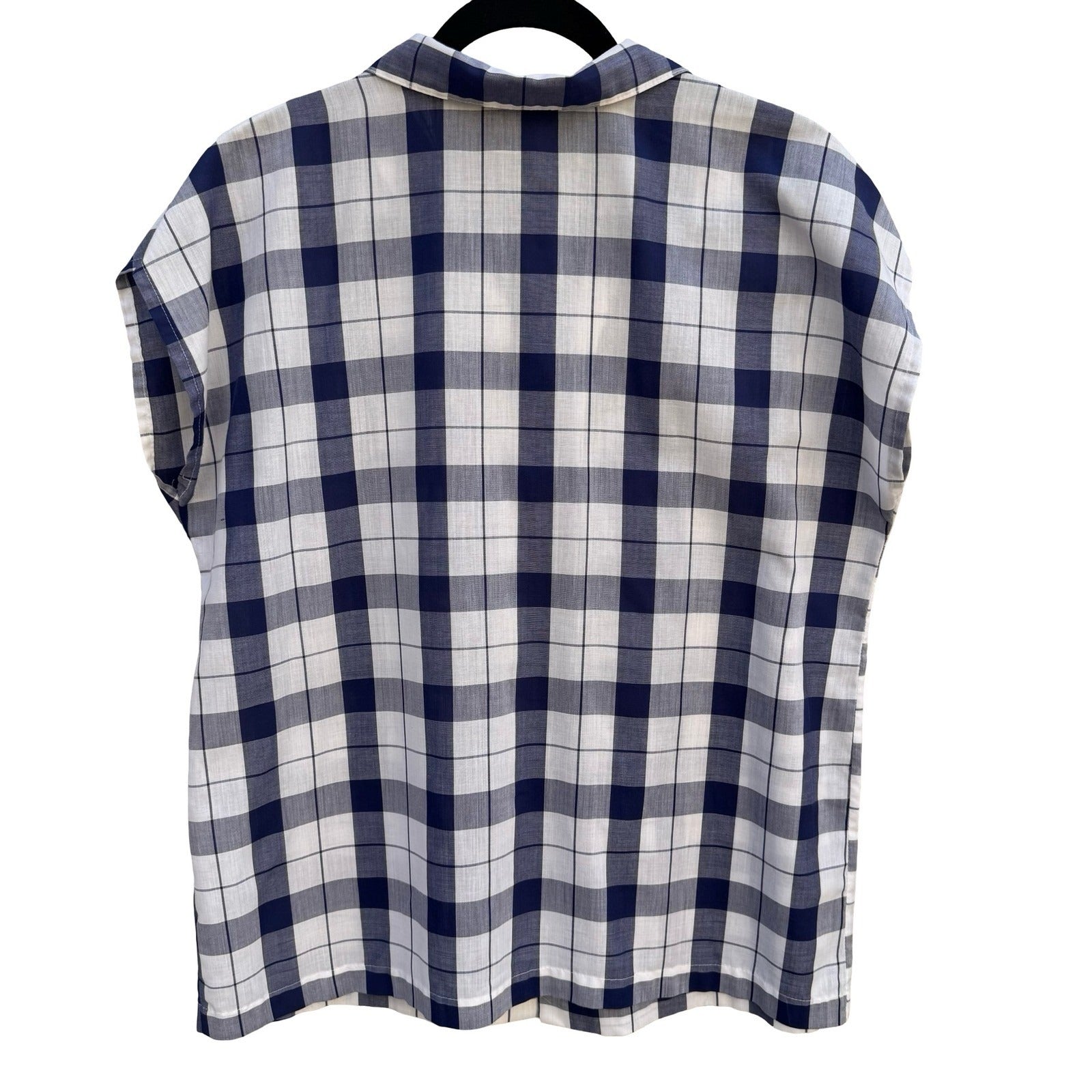 Sears The Fashion Place Vintage Navy Blue White Plaid Button Up Top Size 16 USA