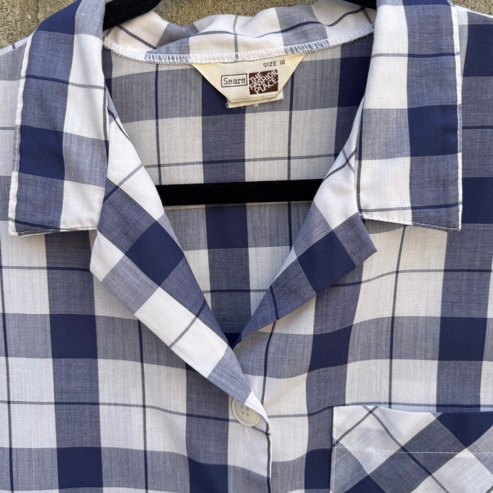 Sears The Fashion Place Vintage Navy Blue White Plaid Button Up Top Size 16 USA