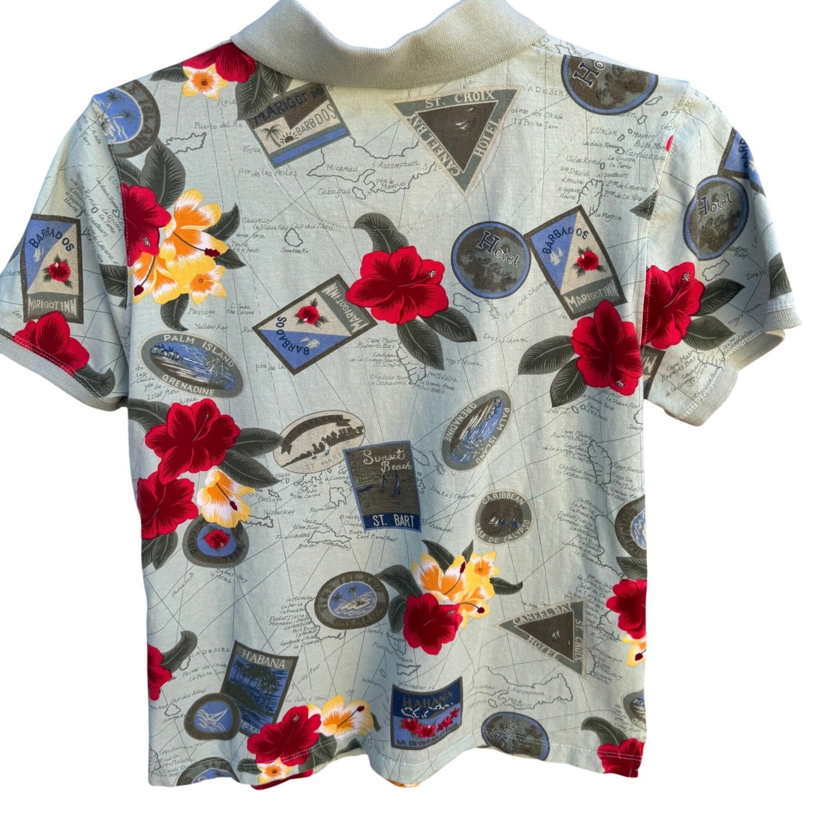 Caribbean Joe Womens Tropical Map Floral Polo Shirt Sage Green Short Sleeve M
