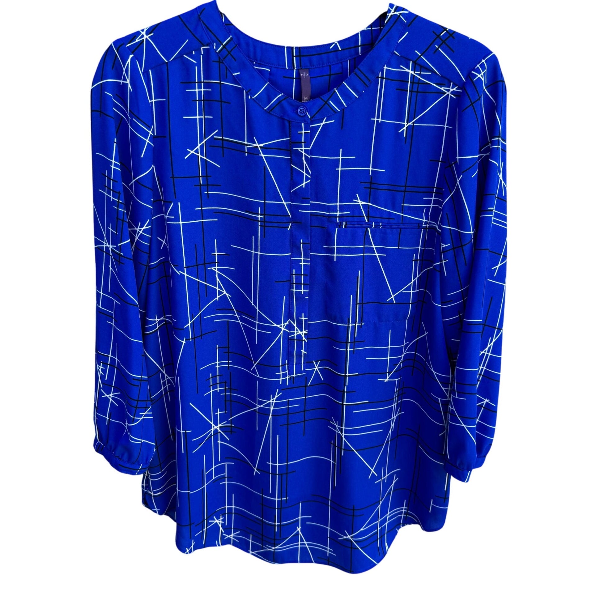 NYDJ Womens Blue Geometric Print Long Sleeve Pleated Back Preppy Tunic Blouse M